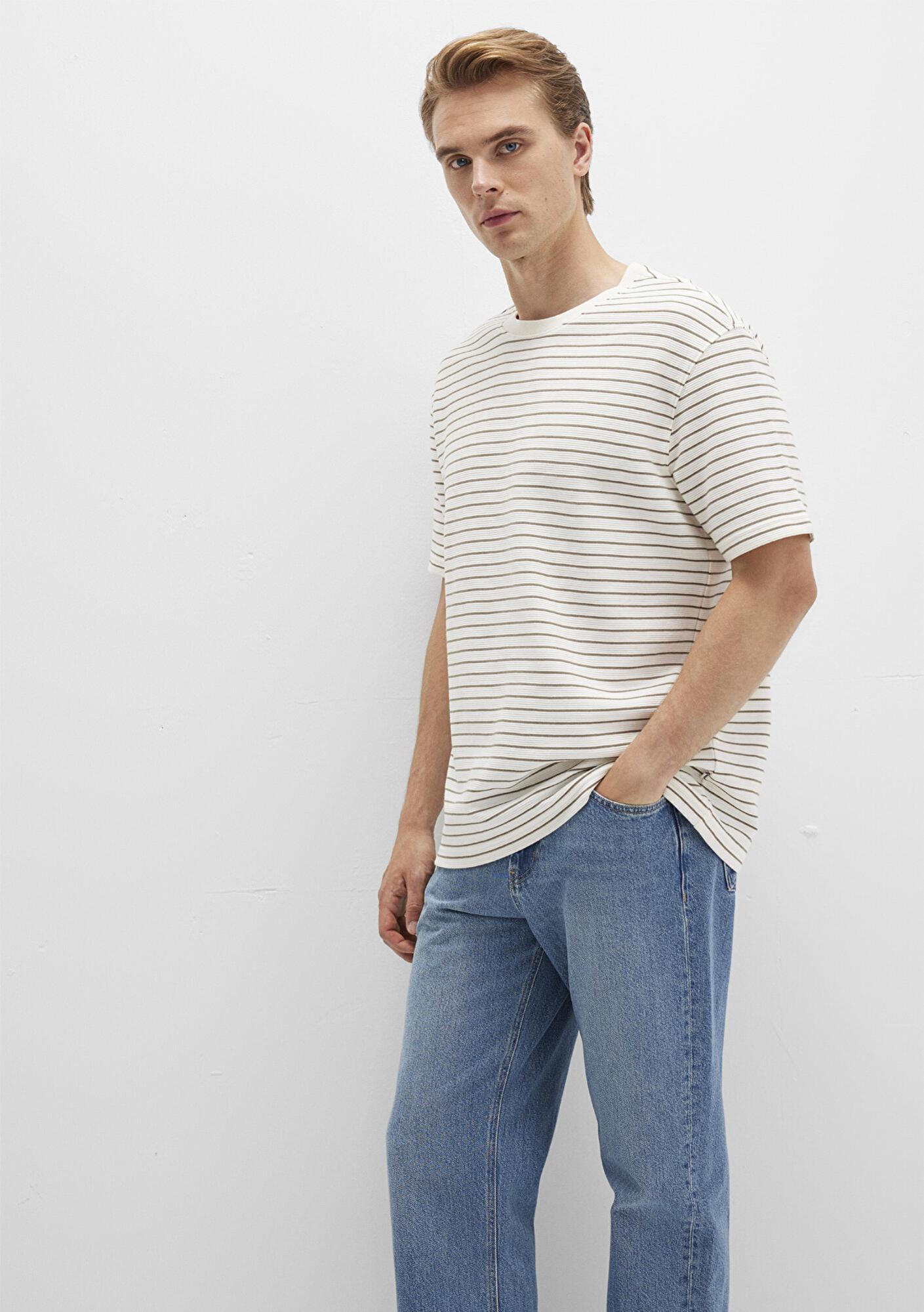 Mavi Kahverengi Çizgili Ekru Tişört Loose Fit / Bol Rahat Kesim 0612831-71816