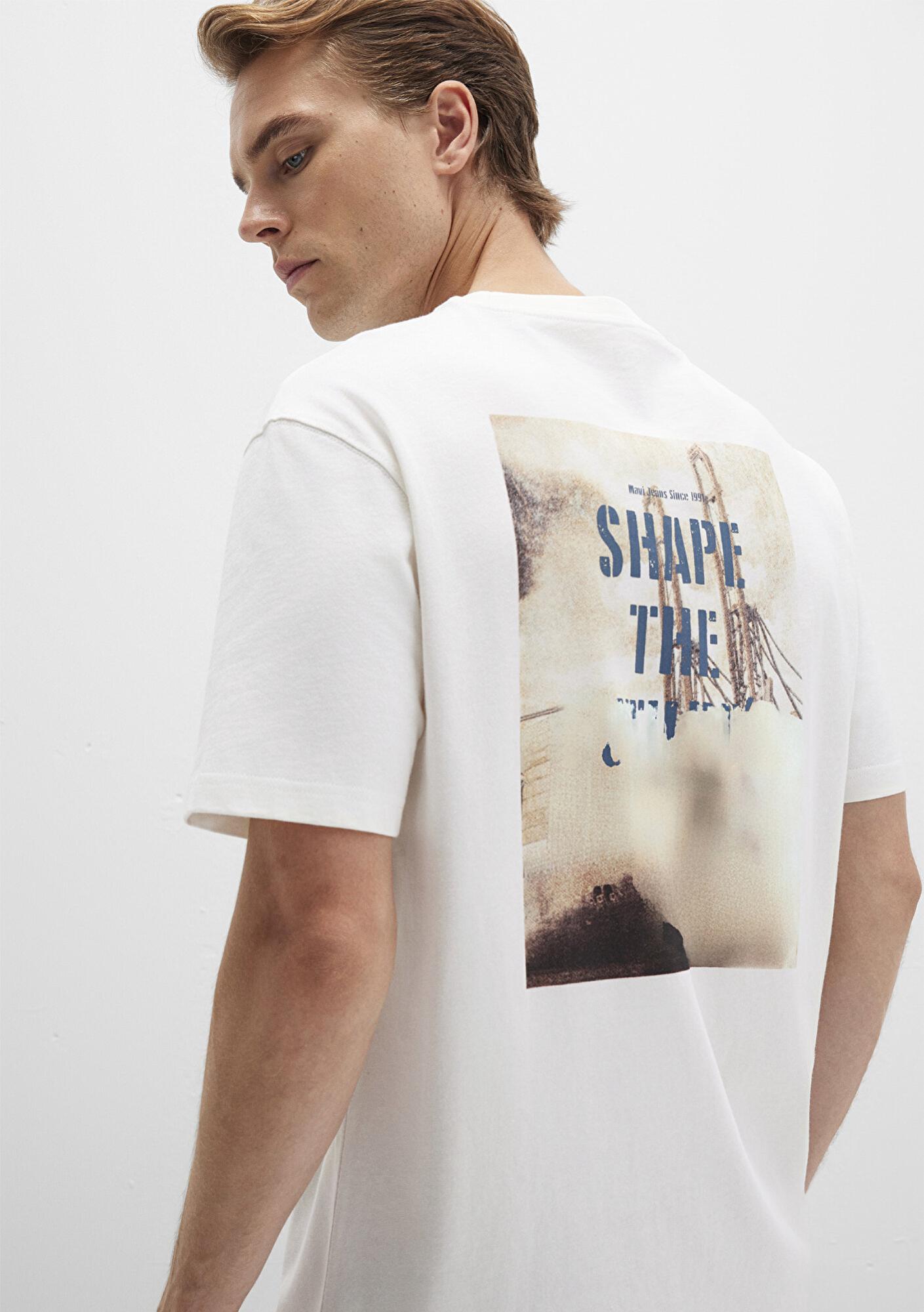 Mavi Baskılı Ekru Tişört Loose Fit / Bol Rahat Kesim 0612836-70057