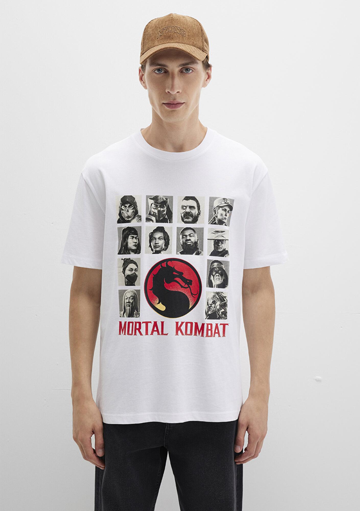 Mavi Mortal Kombat Baskılı Beyaz Tişört Loose Fit / Bol Rahat Kesim 0612921-620