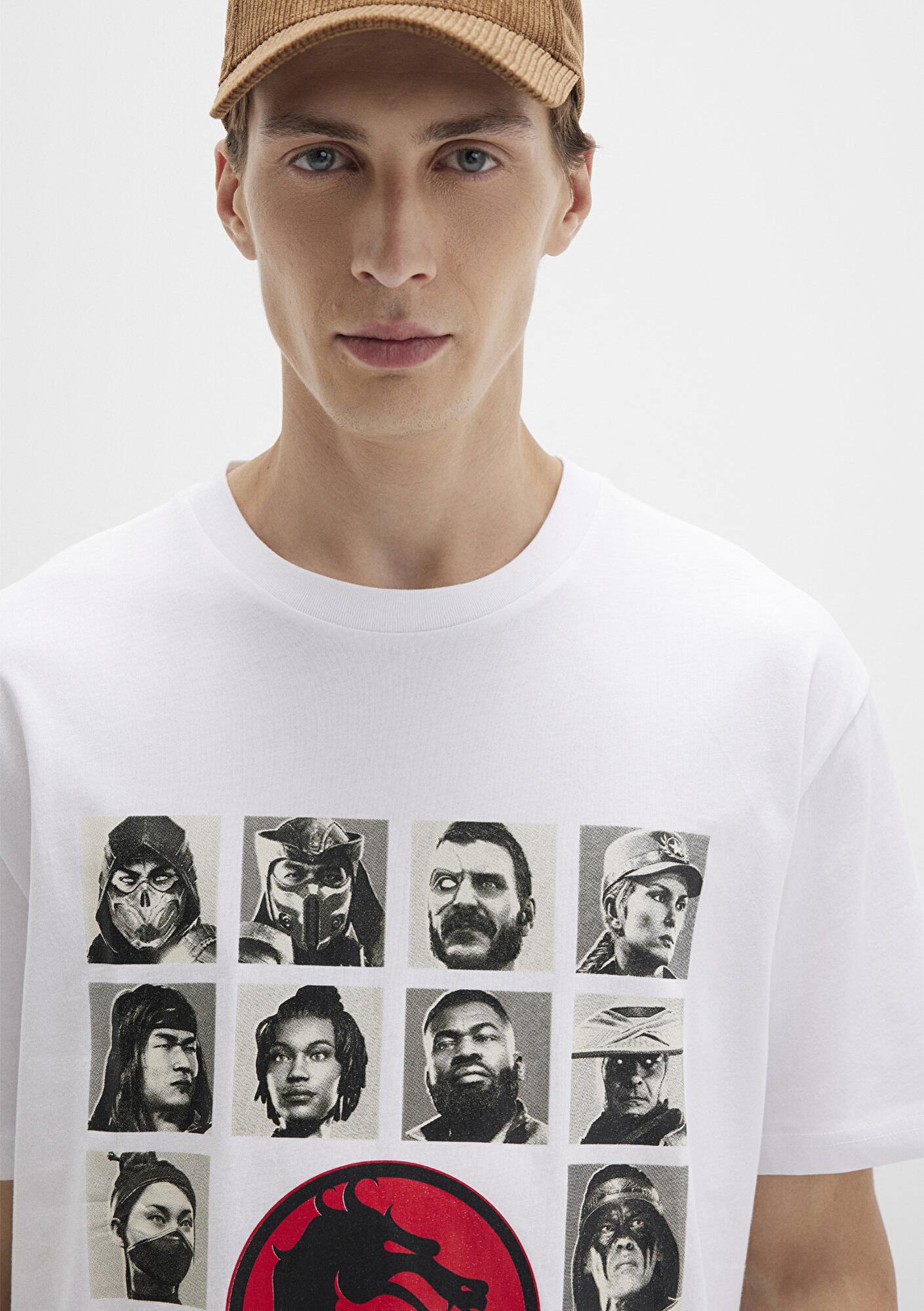 Mavi Mortal Kombat Baskılı Beyaz Tişört Loose Fit / Bol Rahat Kesim 0612921-620