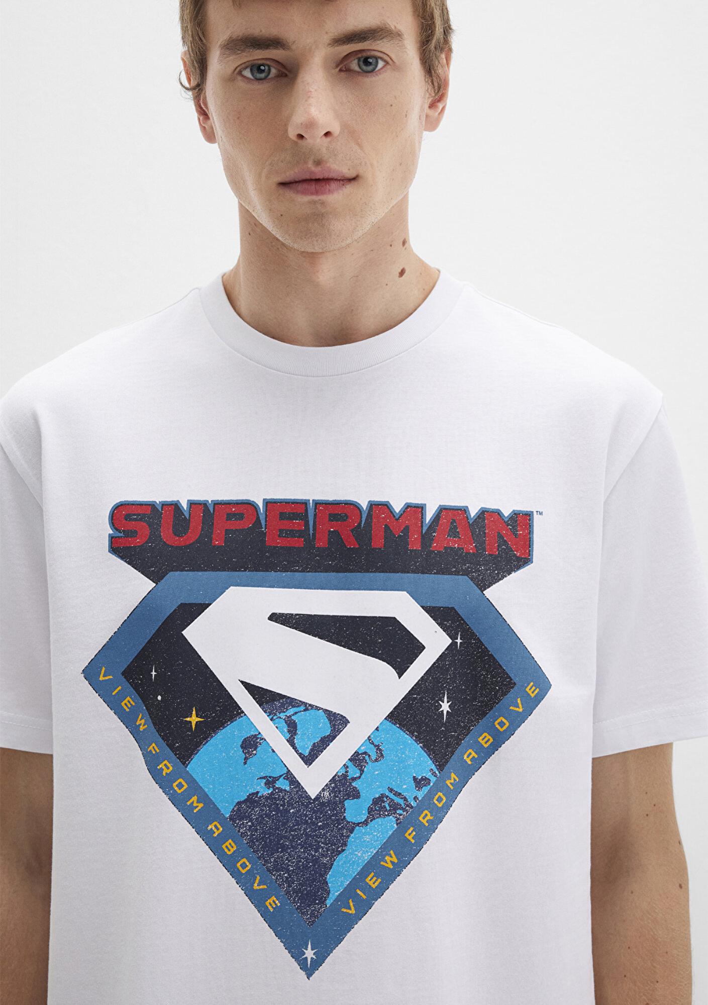 Mavi Superman Baskılı Beyaz Tişört Loose Fit / Bol Rahat Kesim 0612917-620