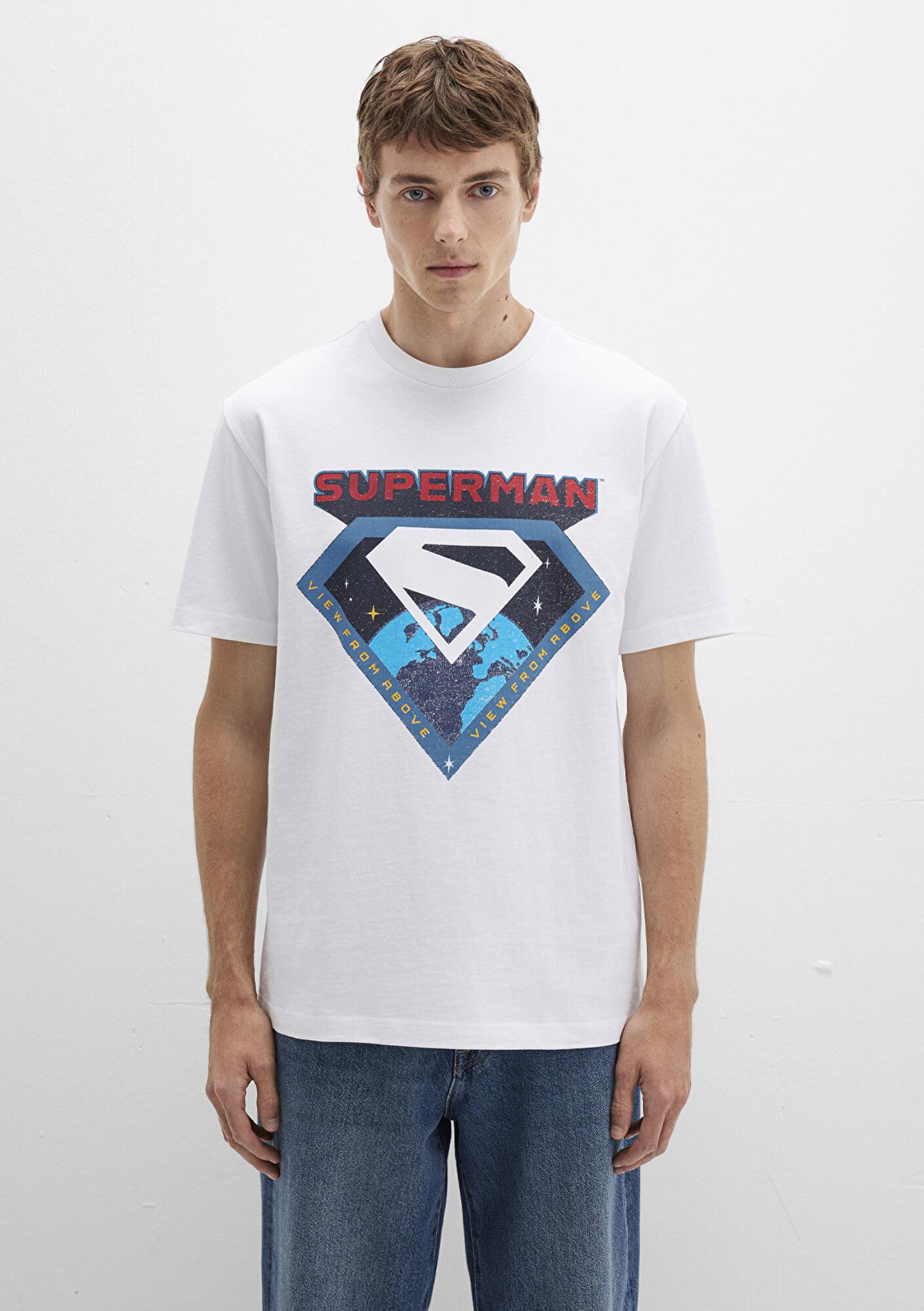 Mavi Superman Baskılı Beyaz Tişört Loose Fit / Bol Rahat Kesim 0612917-620
