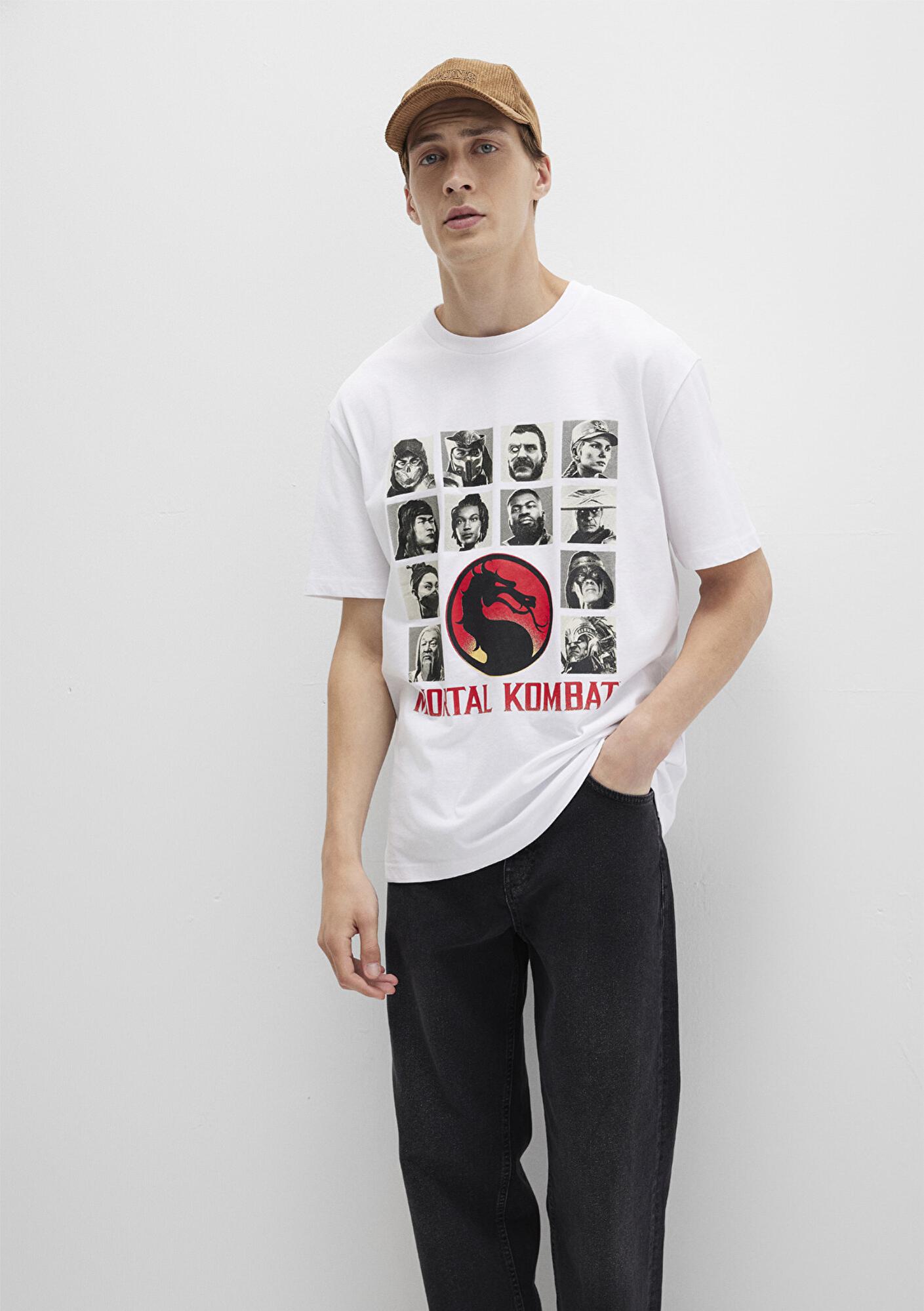 Mavi Mortal Kombat Baskılı Beyaz Tişört Loose Fit / Bol Rahat Kesim 0612921-620