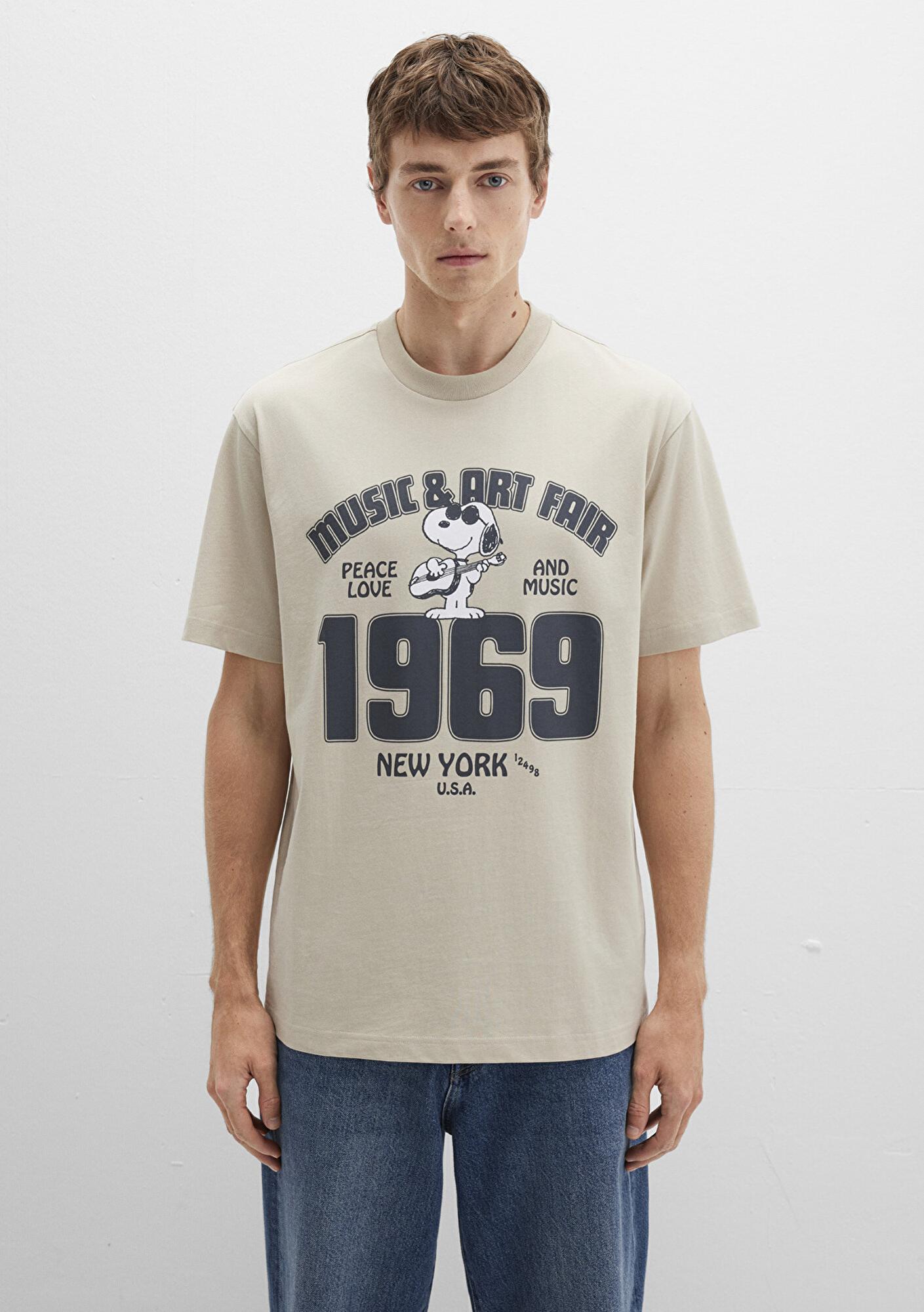 Mavi Snoopy Baskılı Bej Tişört Loose Fit / Bol Rahat Kesim 0612928-70322