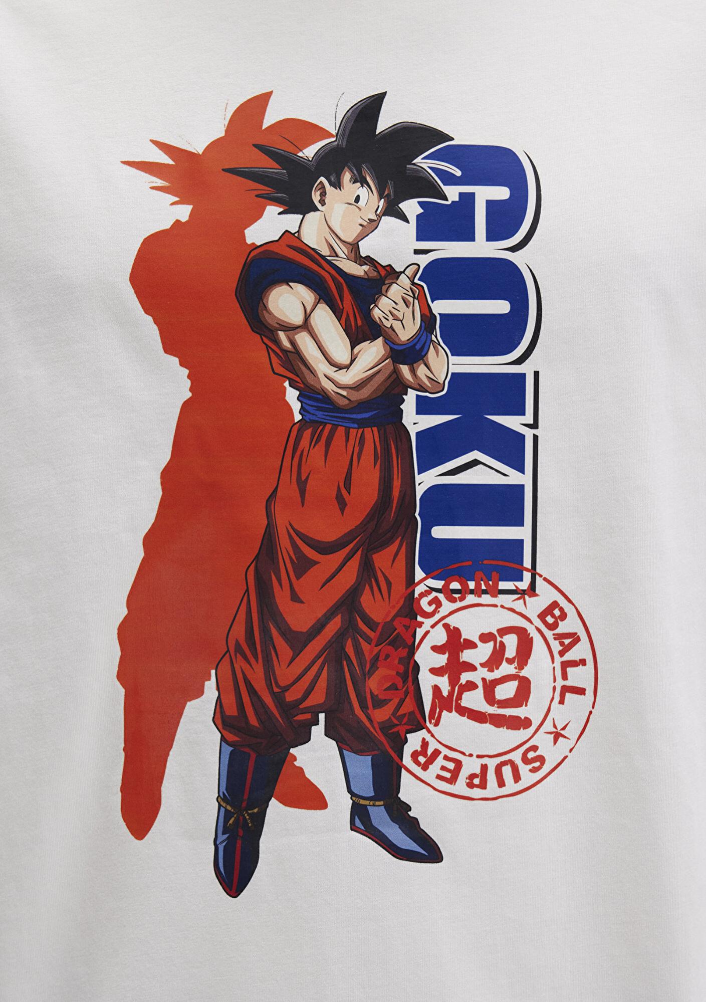 Mavi Dragon Ball Baskılı Beyaz Tişört Relaxed Fit / Rahat Kesim 0612927-70057