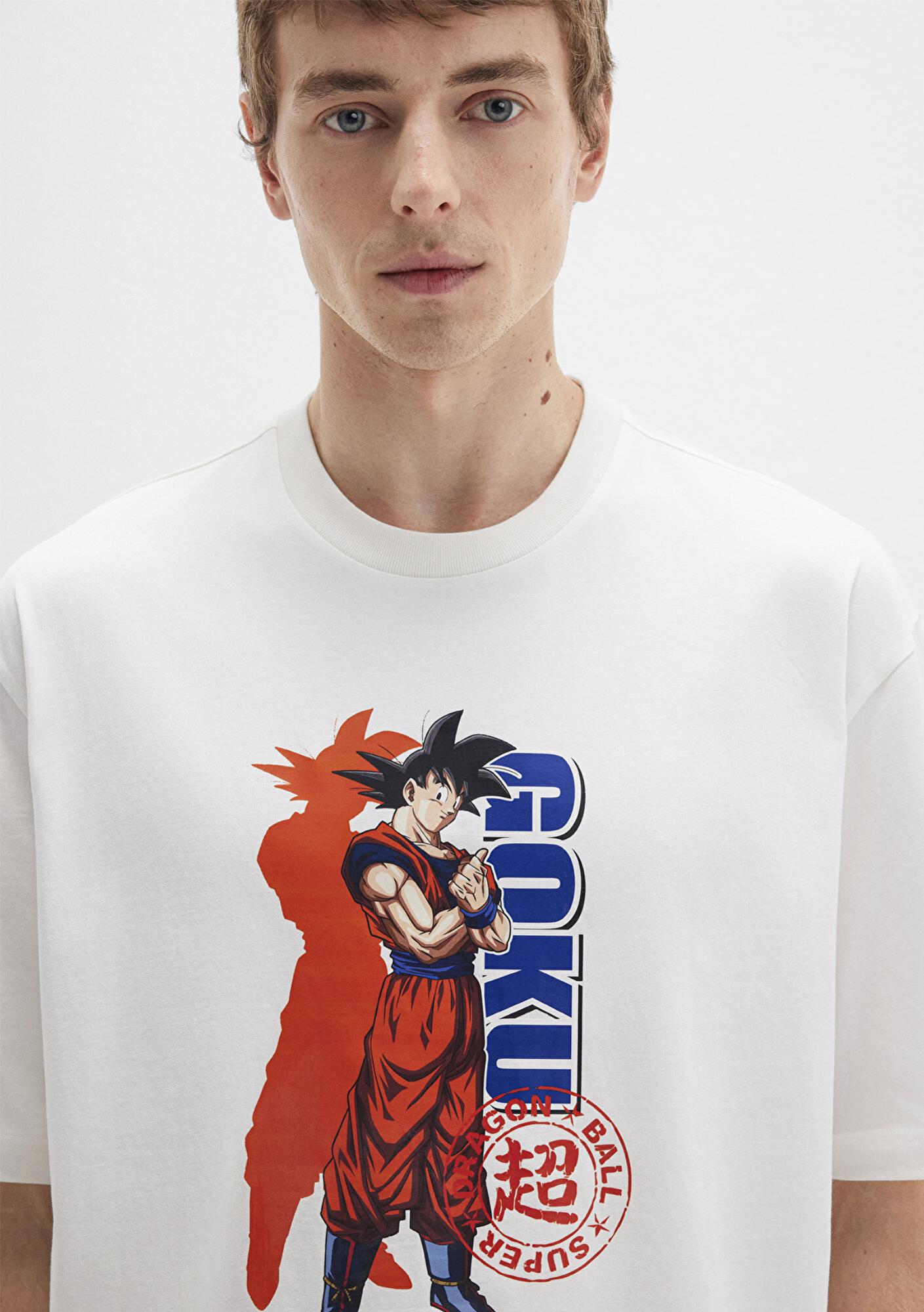 Mavi Dragon Ball Baskılı Beyaz Tişört Relaxed Fit / Rahat Kesim 0612927-70057