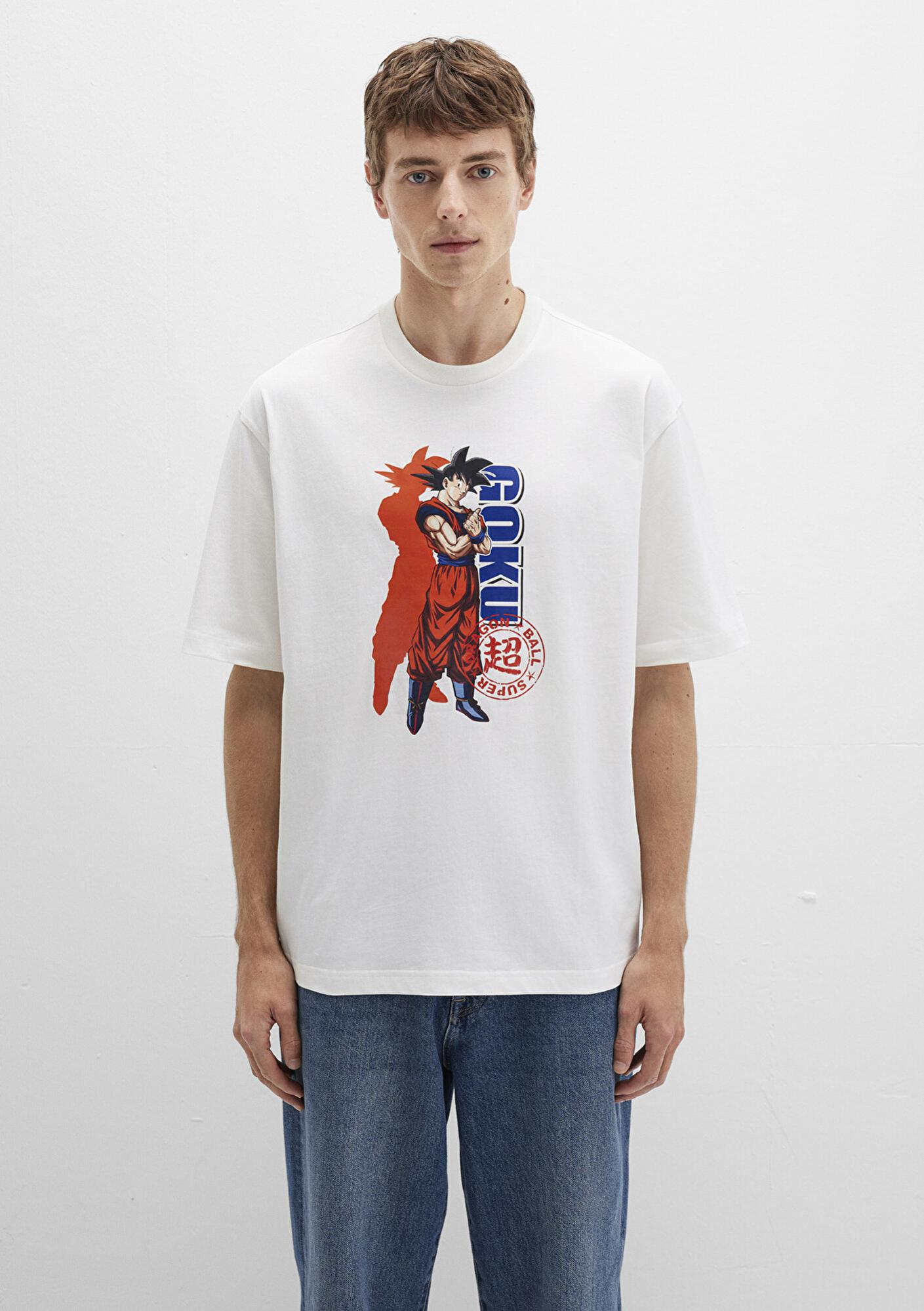 Mavi Dragon Ball Baskılı Beyaz Tişört Relaxed Fit / Rahat Kesim 0612927-70057