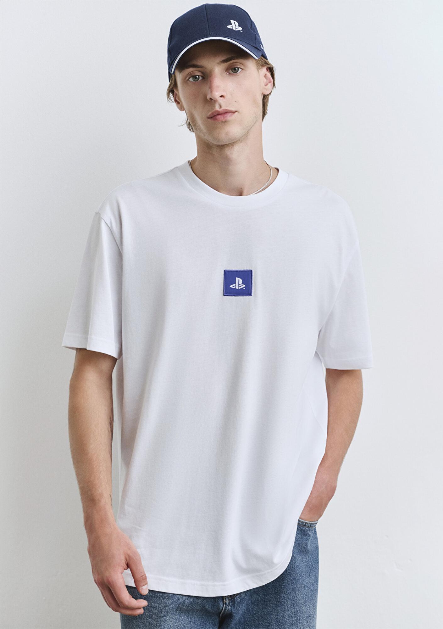 Mavi PlayStation Baskılı Beyaz Tişört​ Loose Fit / Bol Rahat Kesim 0612926-620