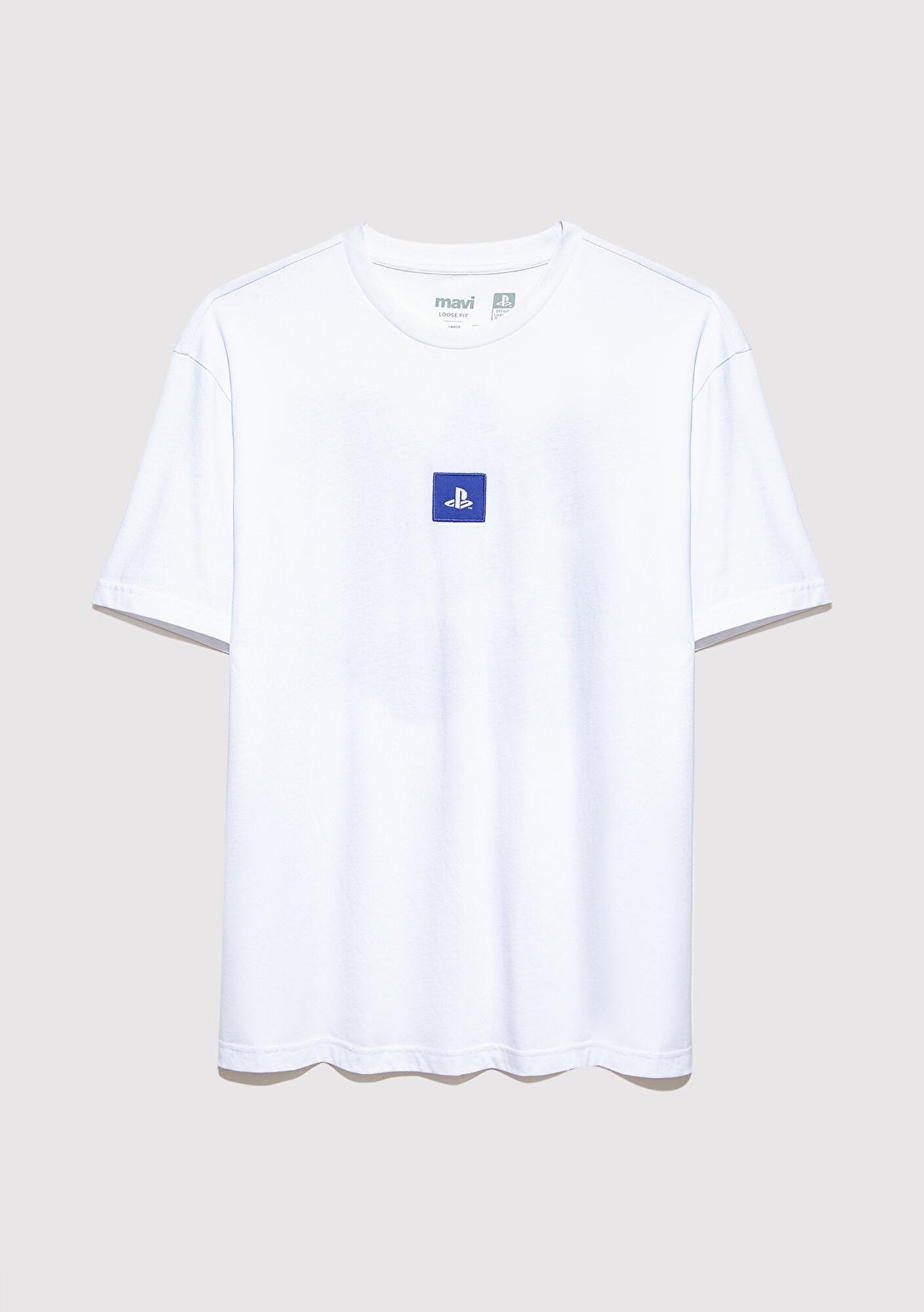 Mavi PlayStation Baskılı Beyaz Tişört Loose Fit / Bol Rahat Kesim 0612926-620