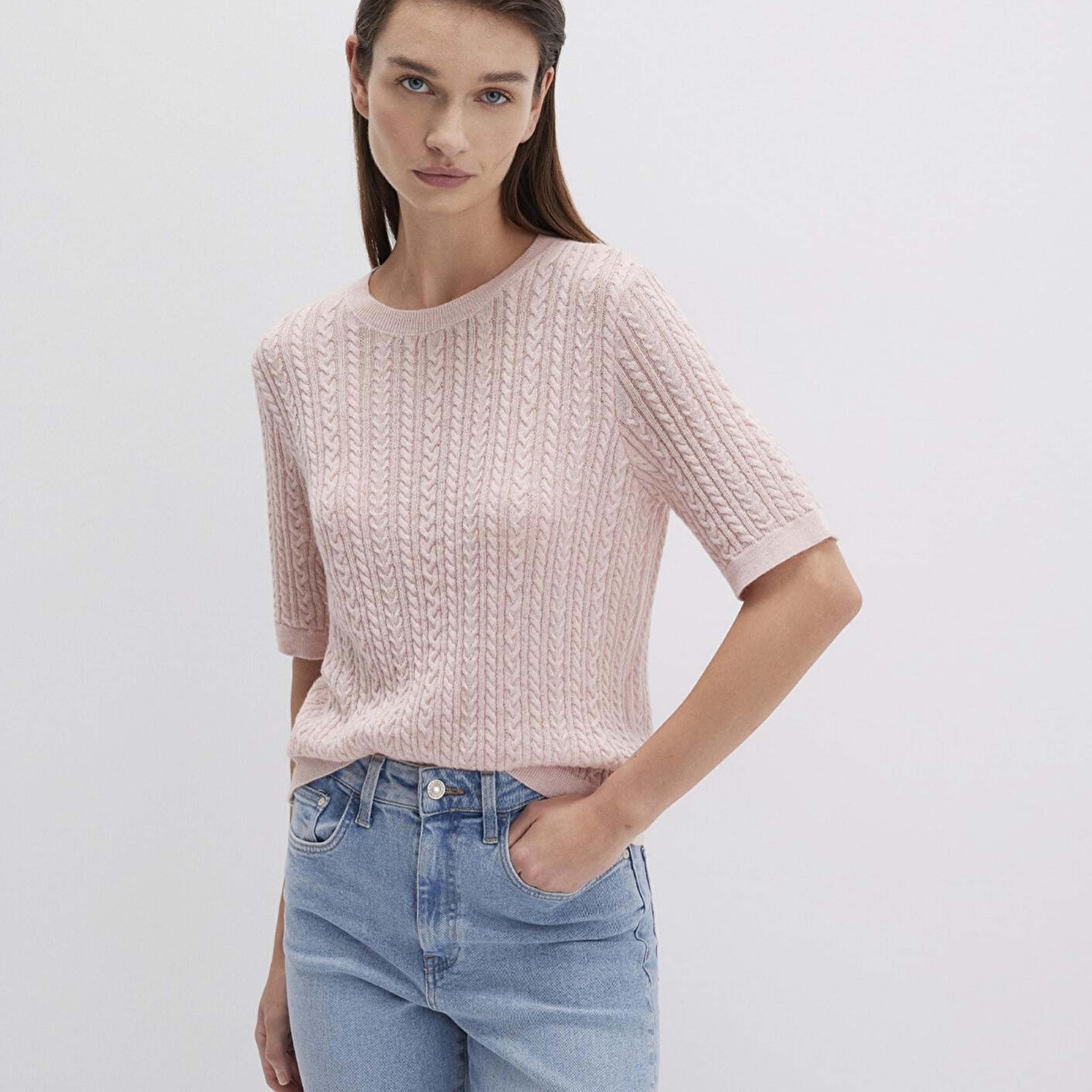 Mavi Kısa Kollu Pembe Kazak Slim Fit / Dar Kesim 1710702-90663