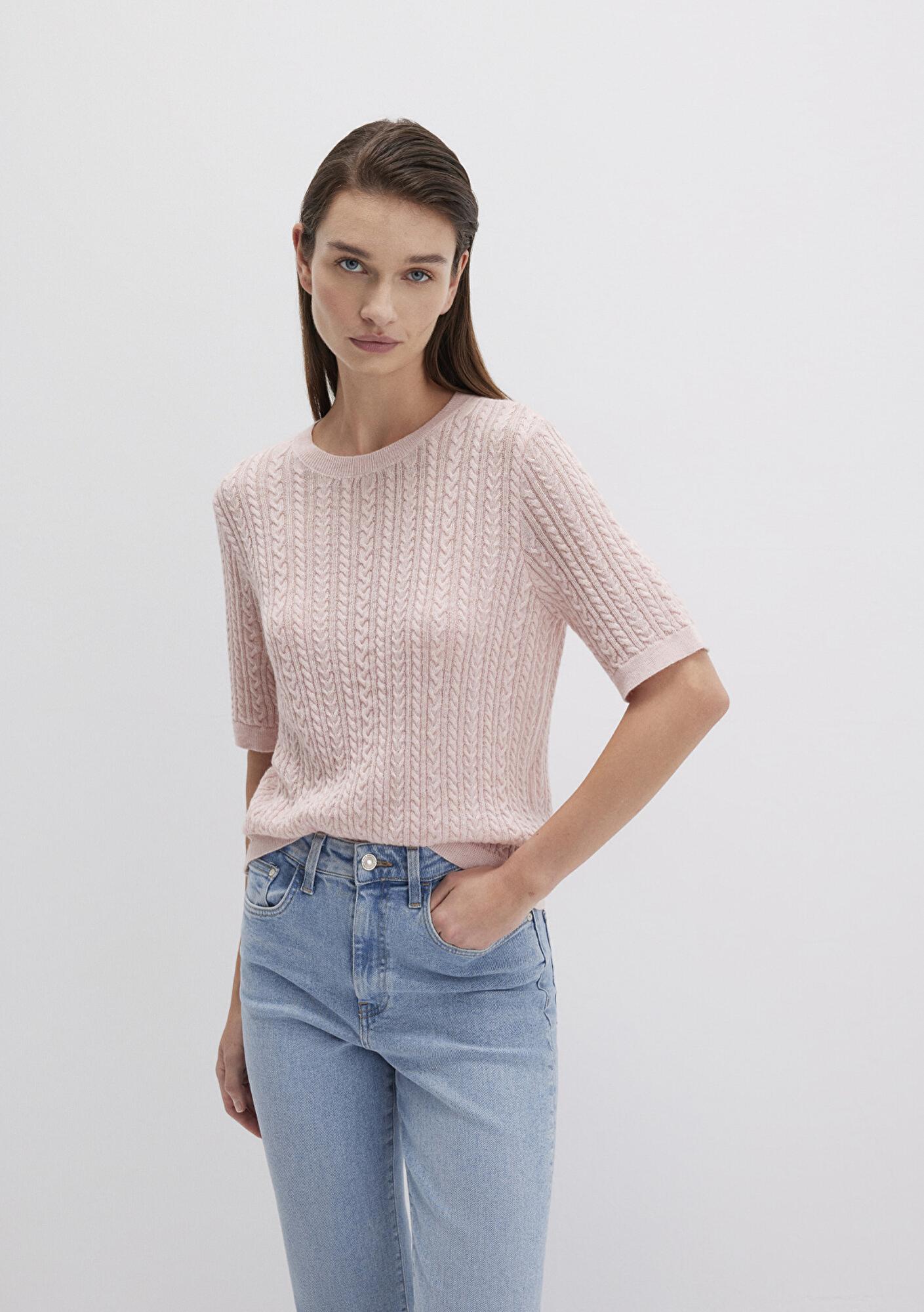 Mavi Kısa Kollu Pembe Kazak Slim Fit / Dar Kesim 1710702-90663