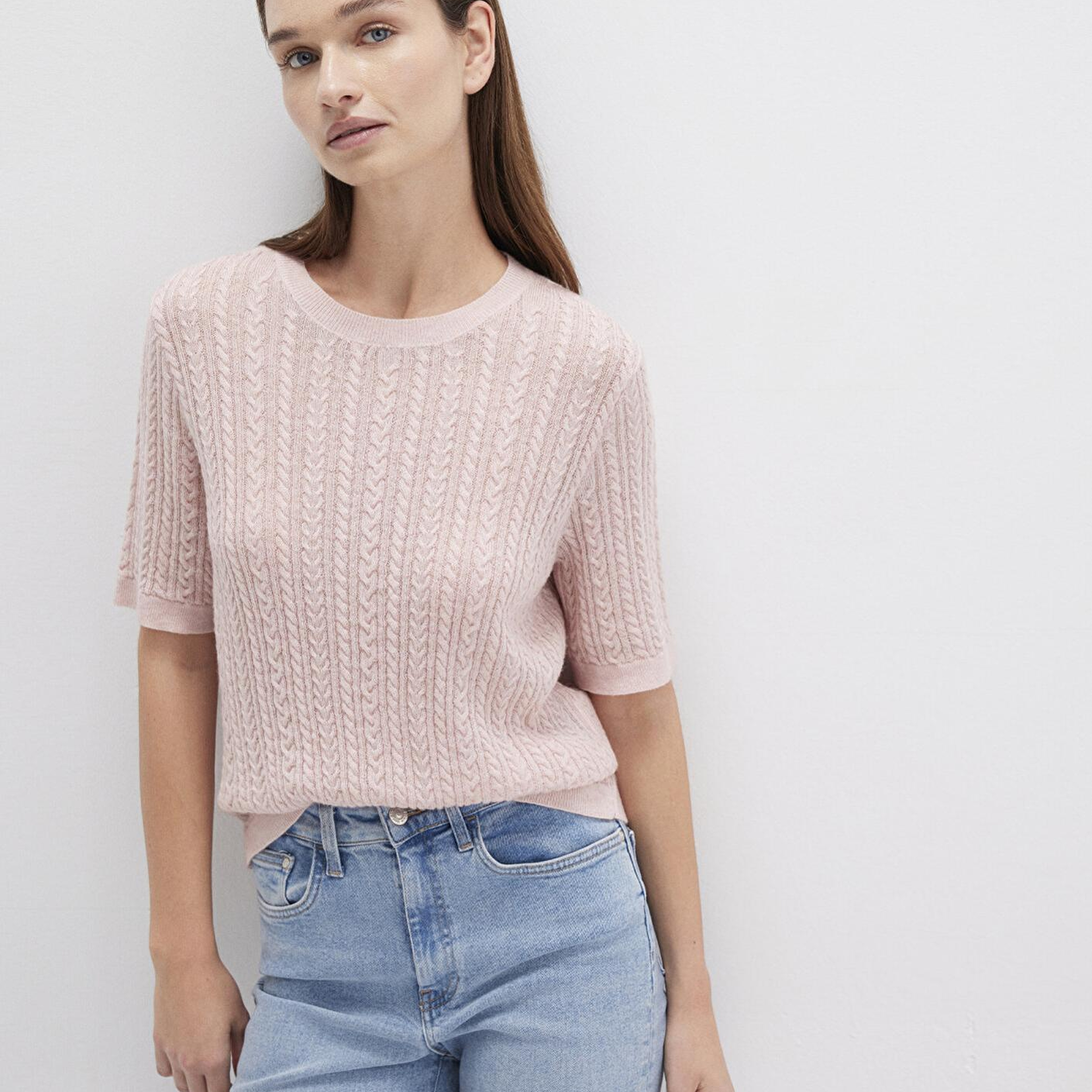 Mavi Kısa Kollu Pembe Kazak Slim Fit / Dar Kesim 1710702-90663