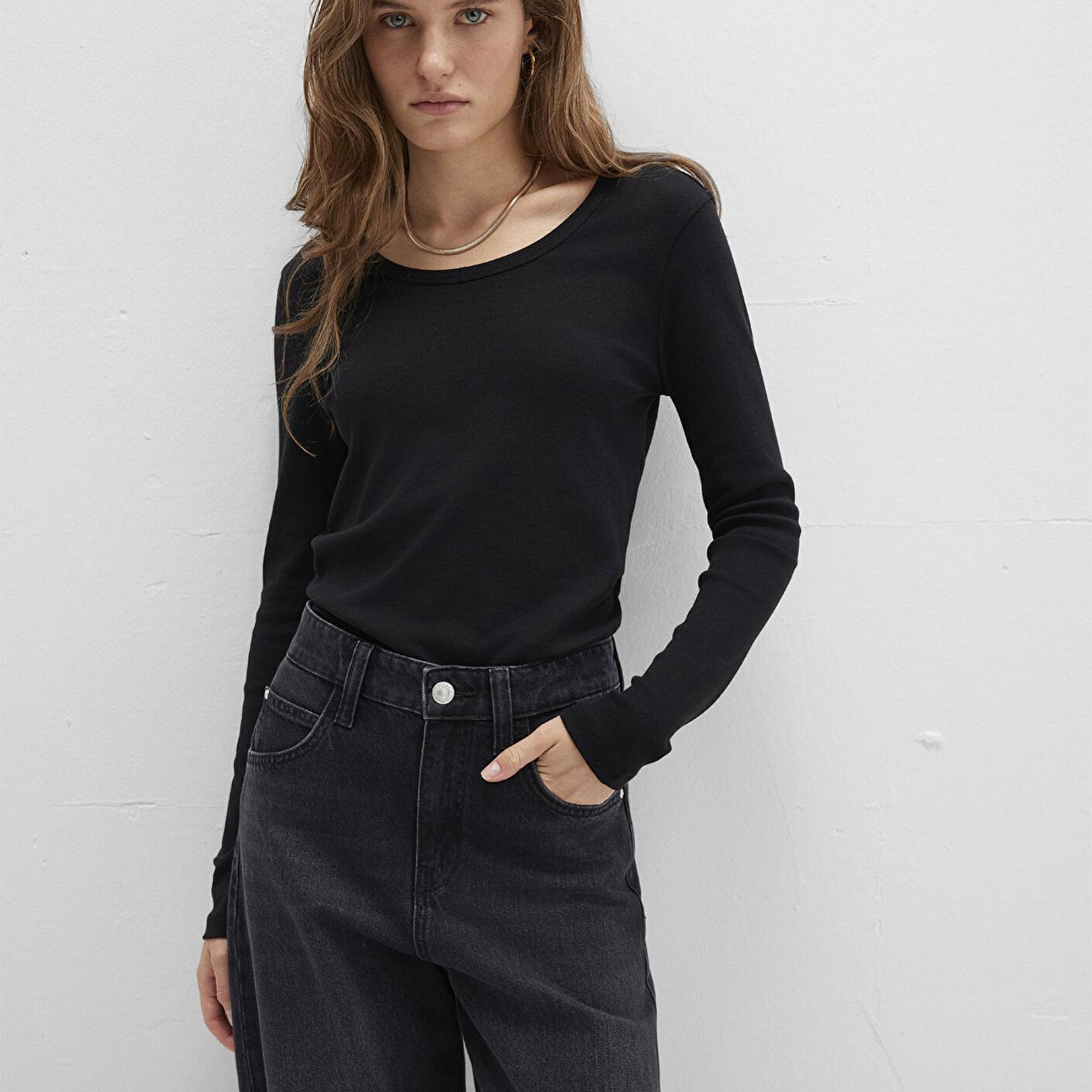 Mavi Uzun Kollu Siyah Basic Tişört Fitted / Vücuda Oturan Kesim 1613323-900