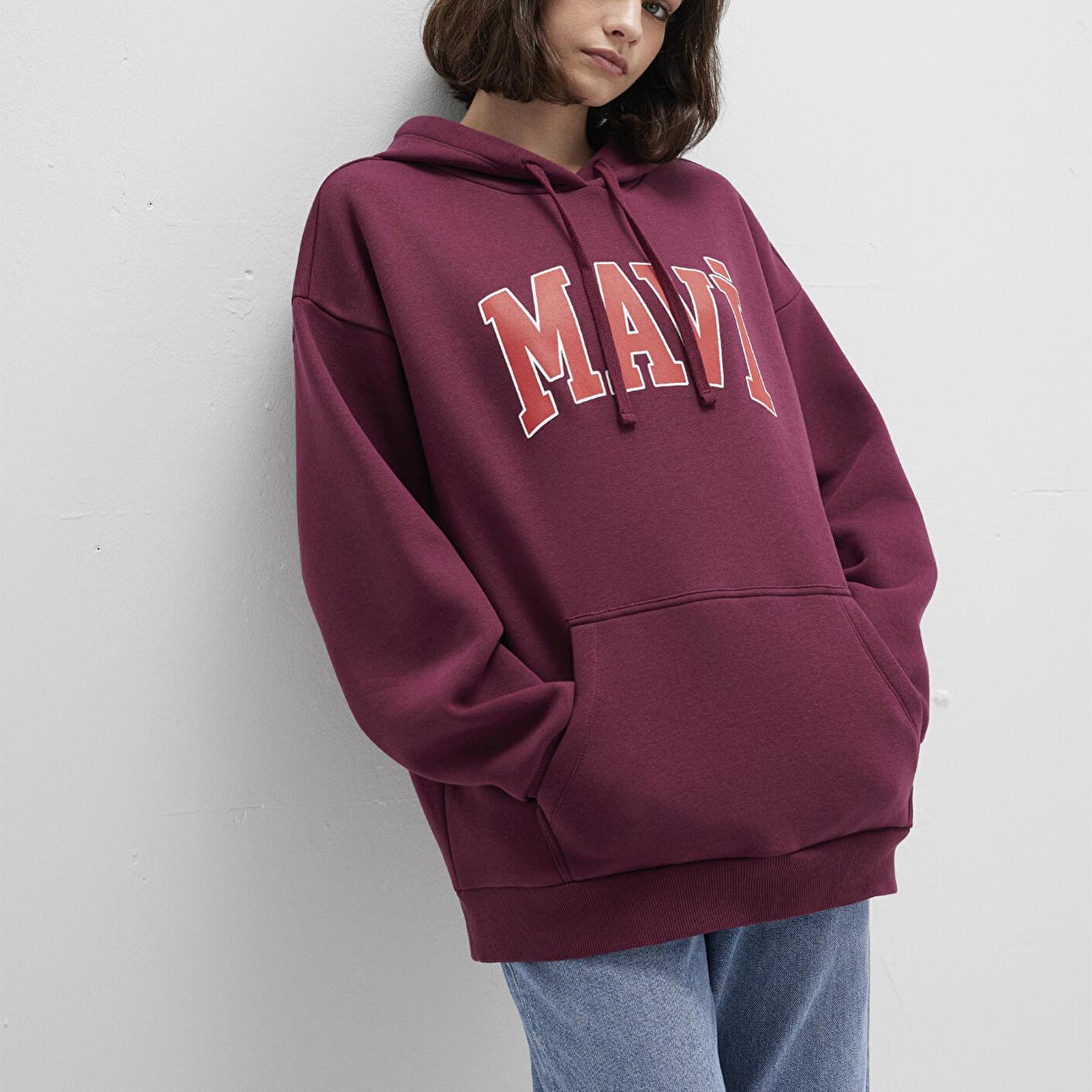 Mavi Mavi Logo Baskılı Kapüşonlu Bordo Sweatshirt 1600361-90705