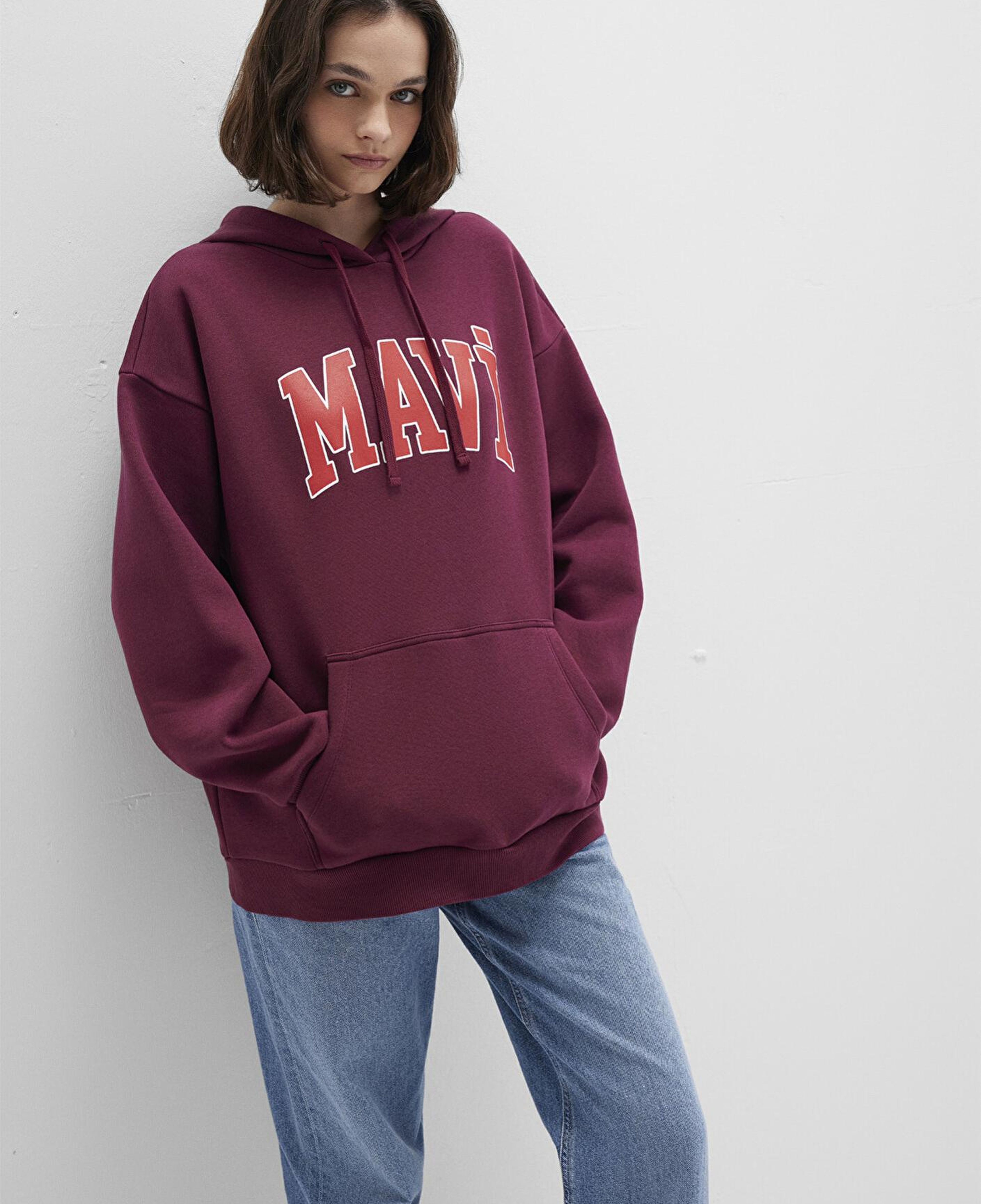 Mavi Mavi Logo Baskılı Kapüşonlu Bordo Sweatshirt 1600361-90705