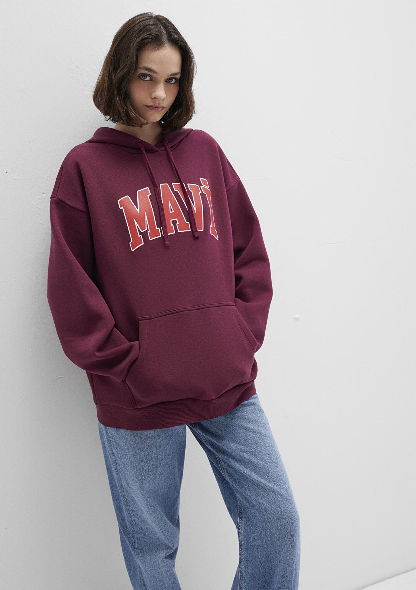 Mavi Mavi Logo Baskılı Kapüşonlu Bordo Sweatshirt 1600361-90705