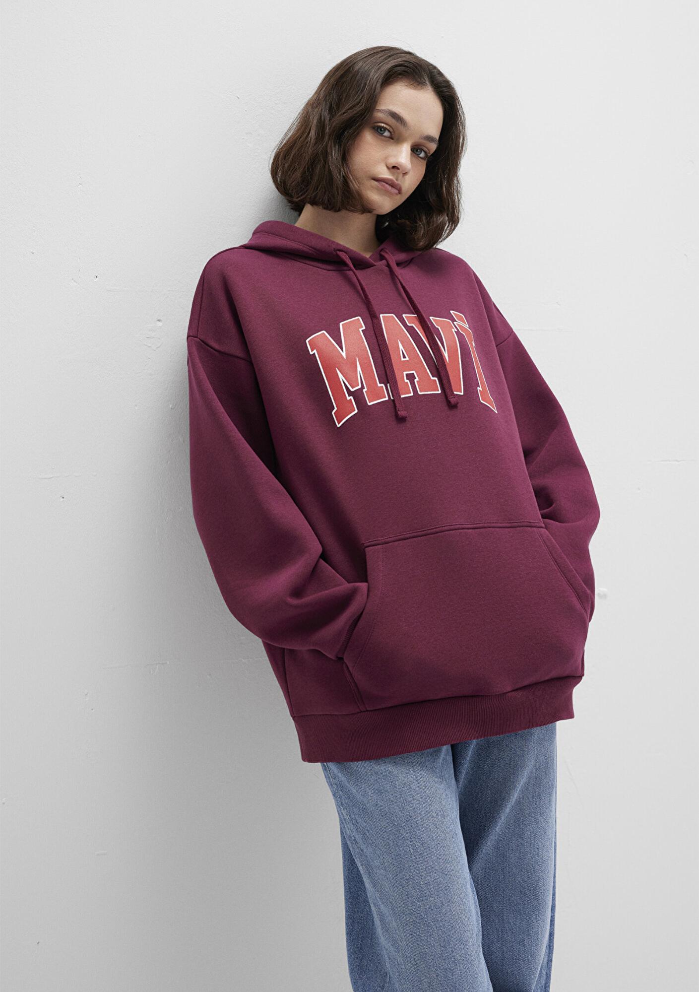 Mavi Mavi Logo Baskılı Kapüşonlu Bordo Sweatshirt 1600361-90705