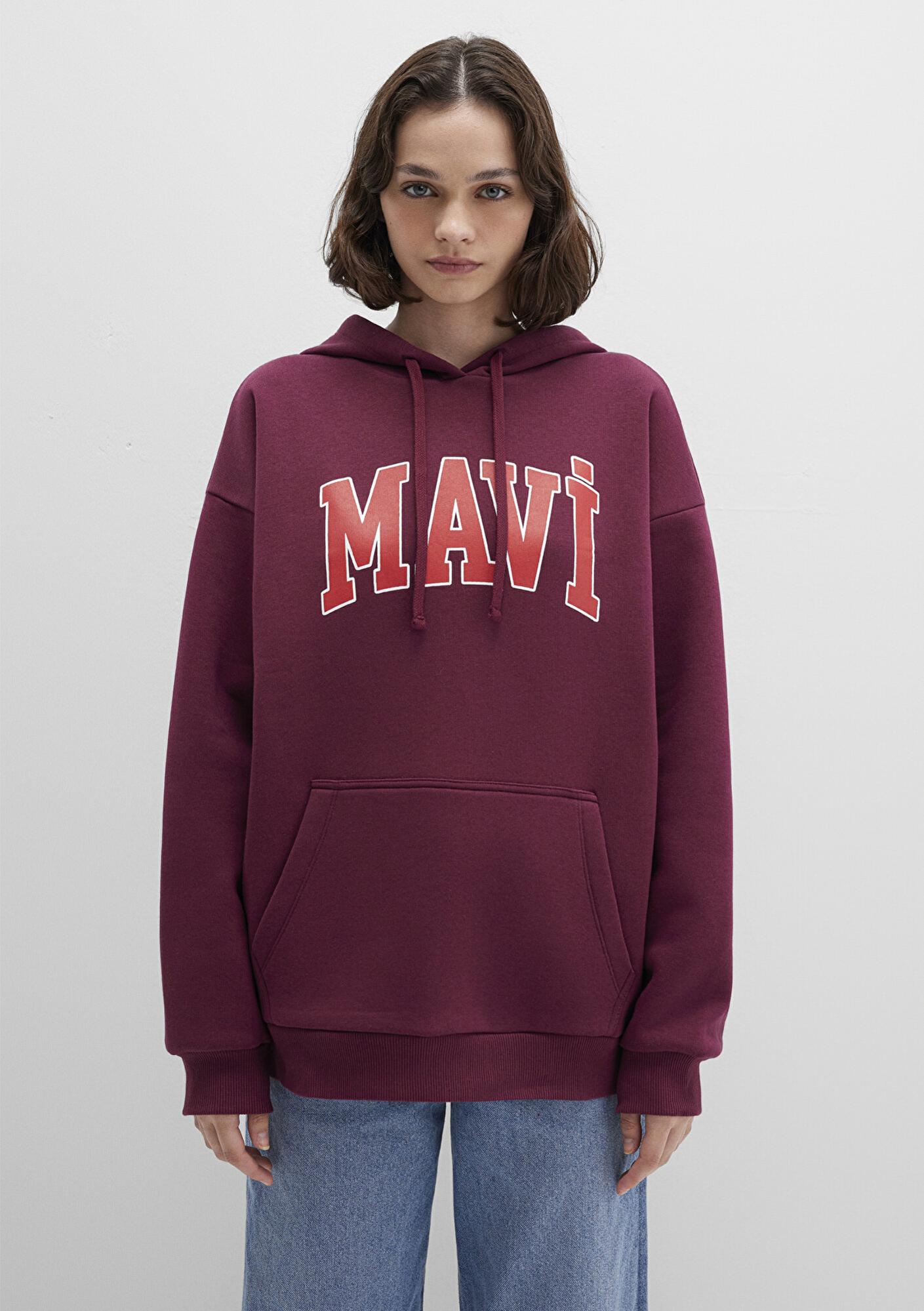 Mavi Mavi Logo Baskılı Kapüşonlu Bordo Sweatshirt 1600361-90705