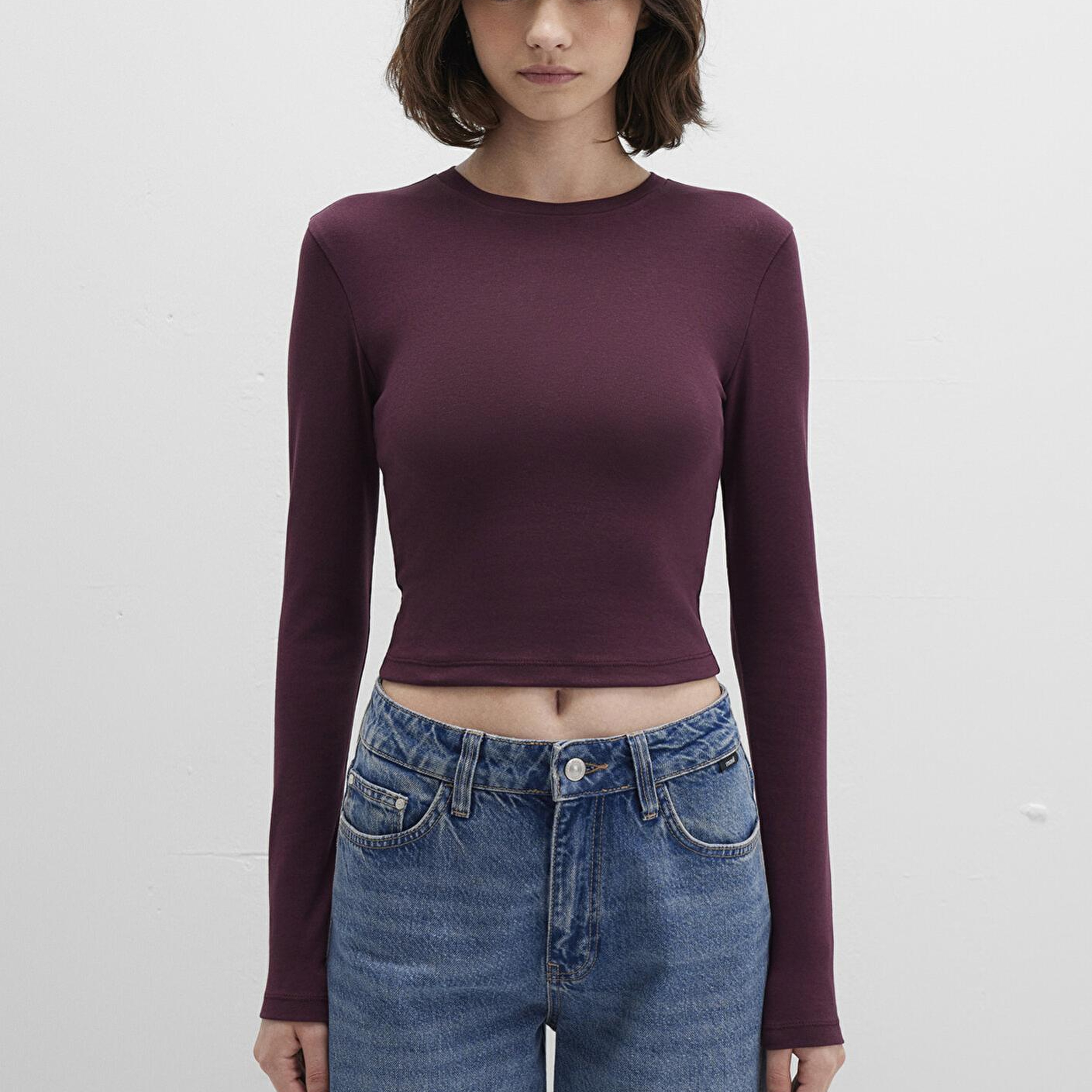 Mavi Uzun Kollu Mor Crop Basic Tişört Crop / Kısa Kesim 1612822-70434