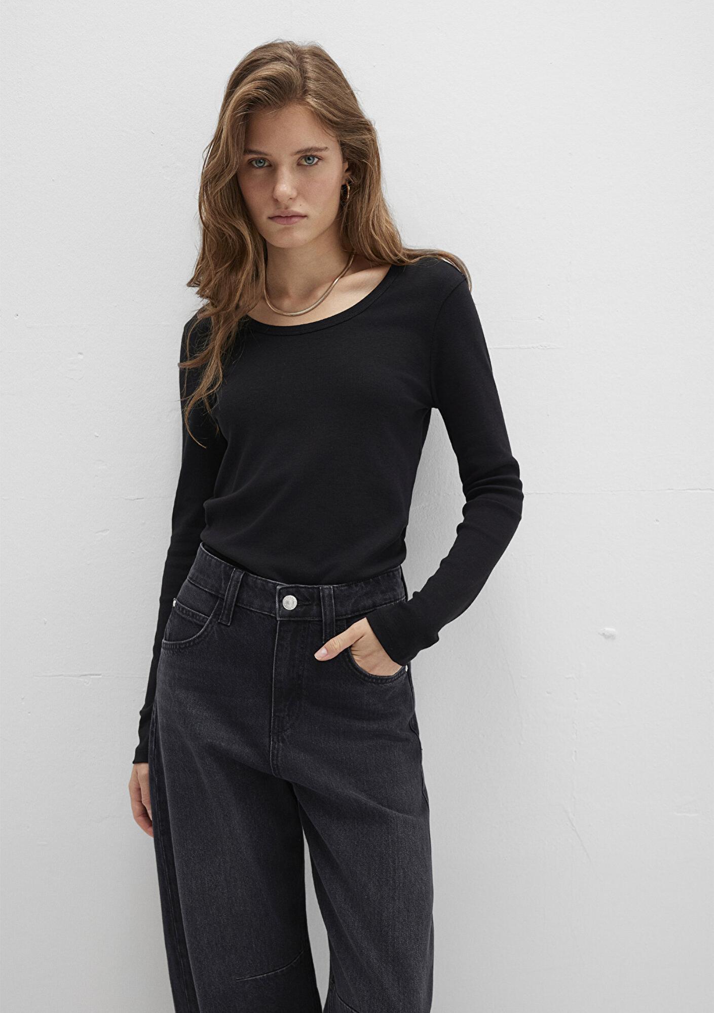 Mavi Uzun Kollu Siyah Basic Tişört Fitted / Vücuda Oturan Kesim 1613323-900