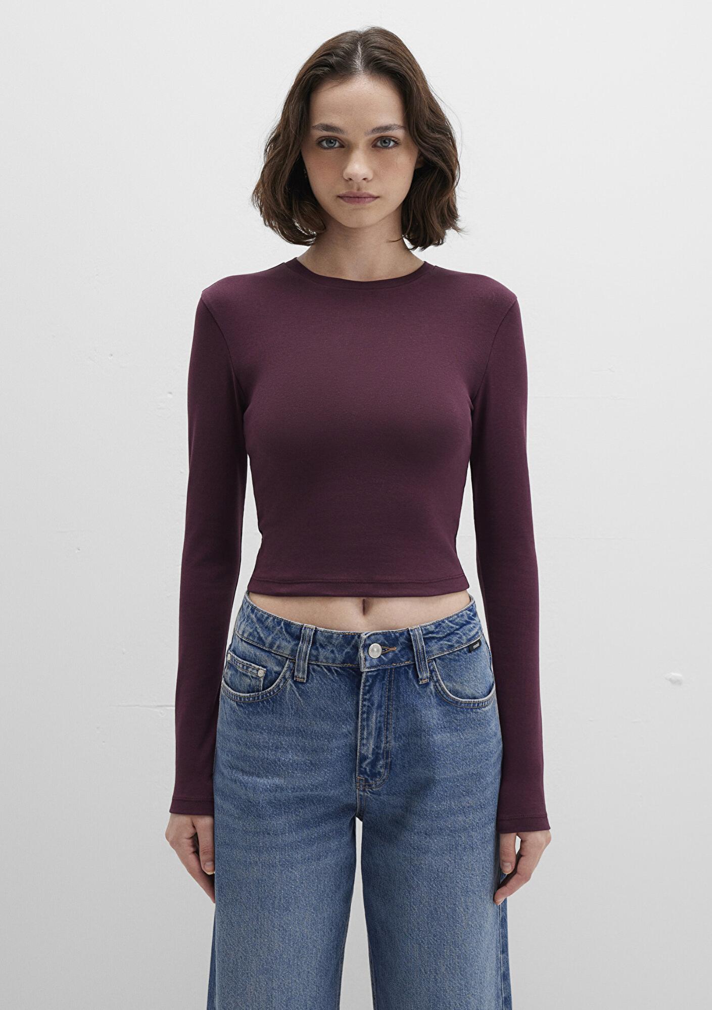 Mavi Uzun Kollu Mor Crop Basic Tişört Crop / Kısa Kesim 1612822-70434