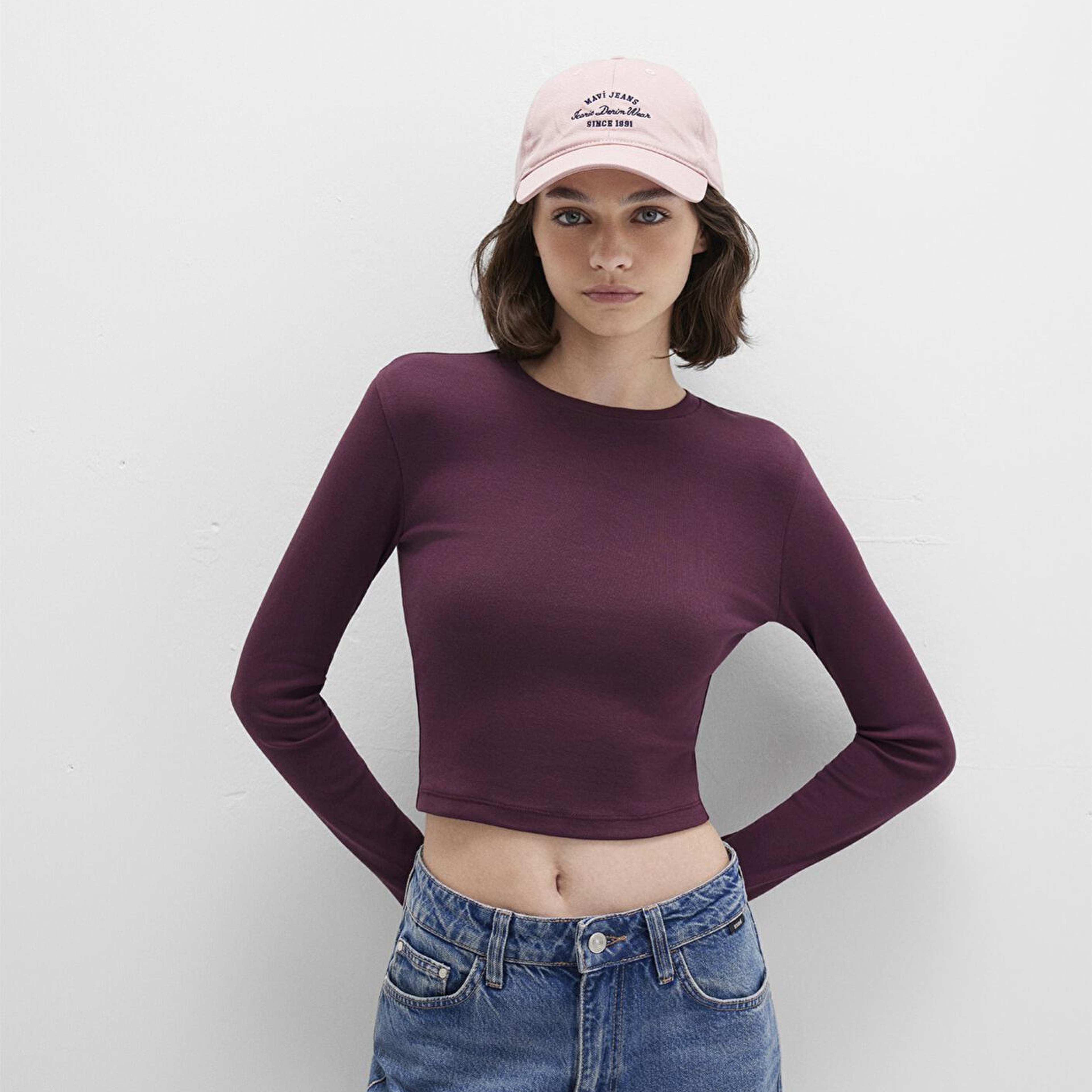 Mavi Uzun Kollu Mor Crop Basic Tişört Crop / Kısa Kesim 1612822-70434