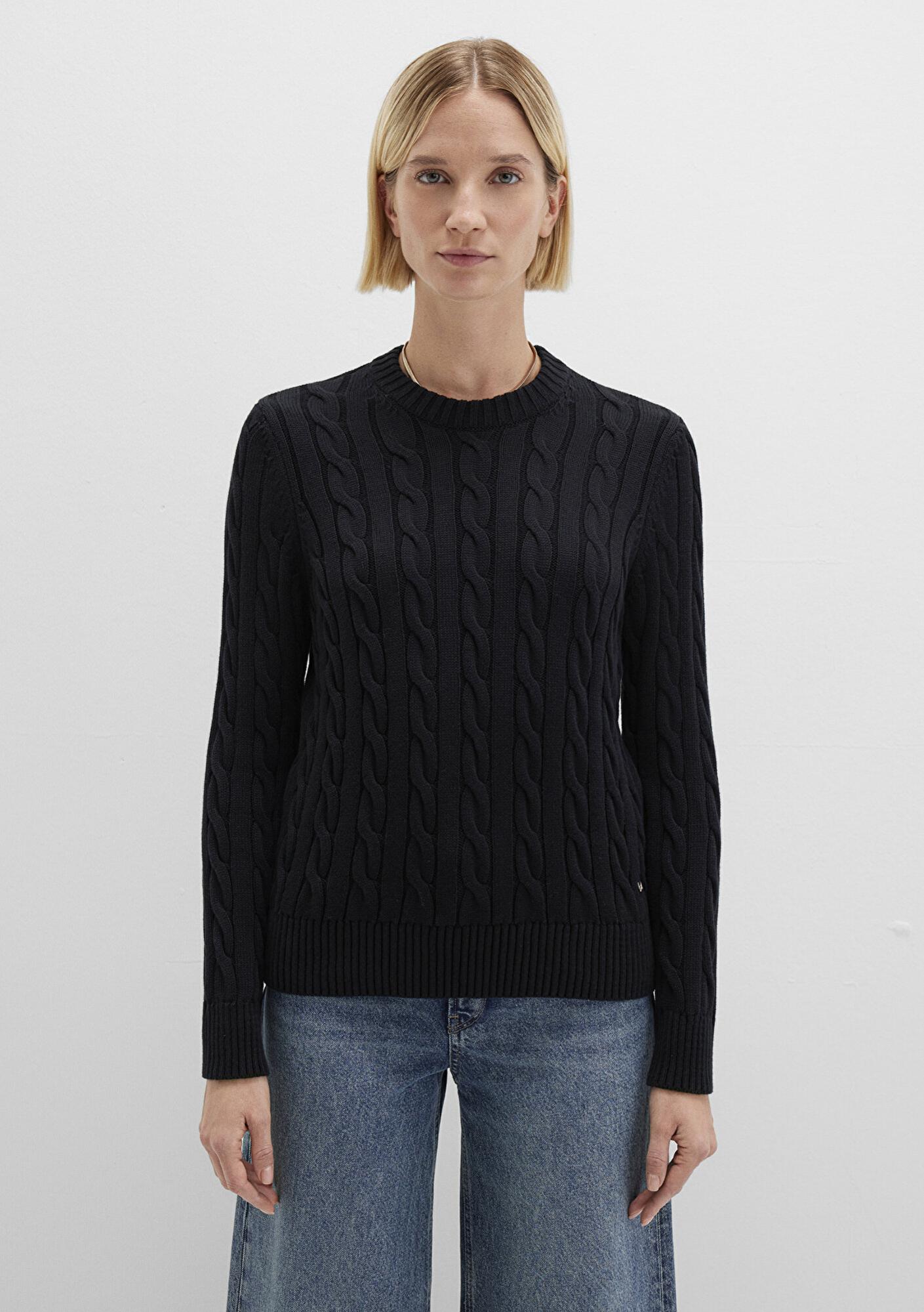 Mavi İpek Karışımlı Bisiklet Yaka Siyah Kazak Slim Fit / Dar Kesim 1710721-900