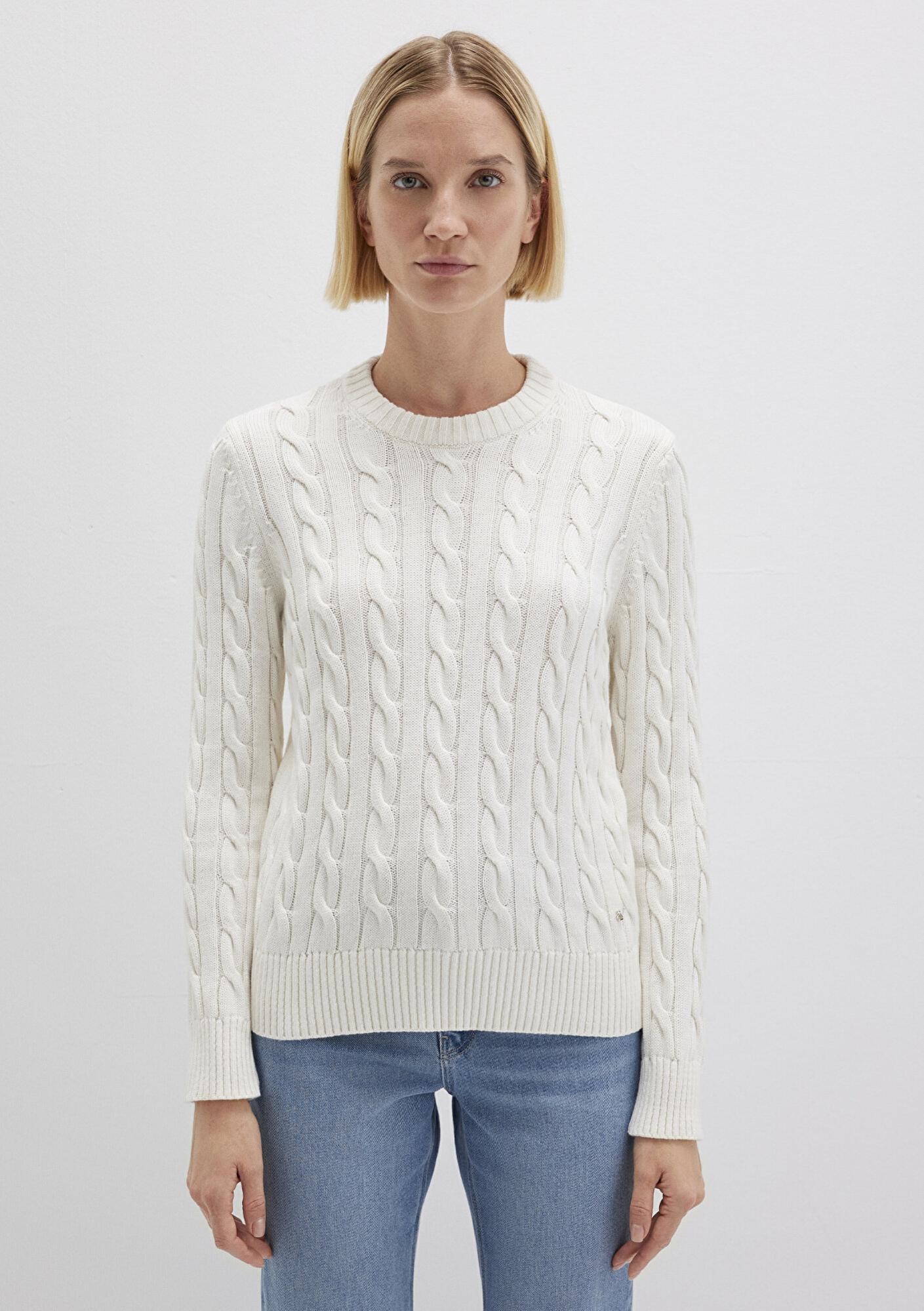 Mavi İpek Karışımlı Bisiklet Yaka Ekru Kazak Slim Fit / Dar Kesim 1710721-70057