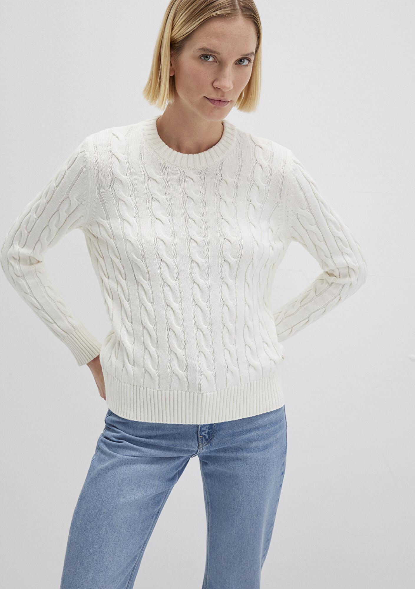 Mavi İpek Karışımlı Bisiklet Yaka Ekru Kazak Slim Fit / Dar Kesim 1710721-70057