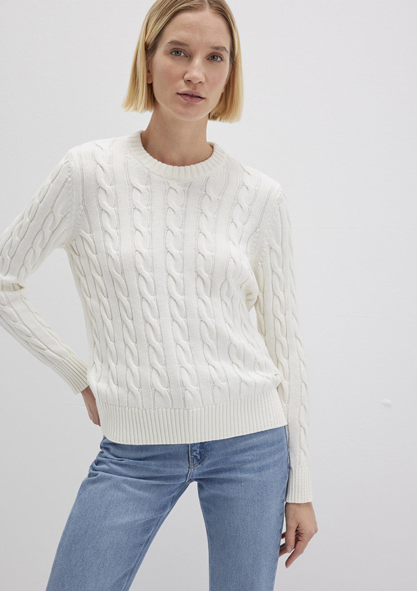 Mavi İpek Karışımlı Bisiklet Yaka Ekru Kazak Slim Fit / Dar Kesim 1710721-70057