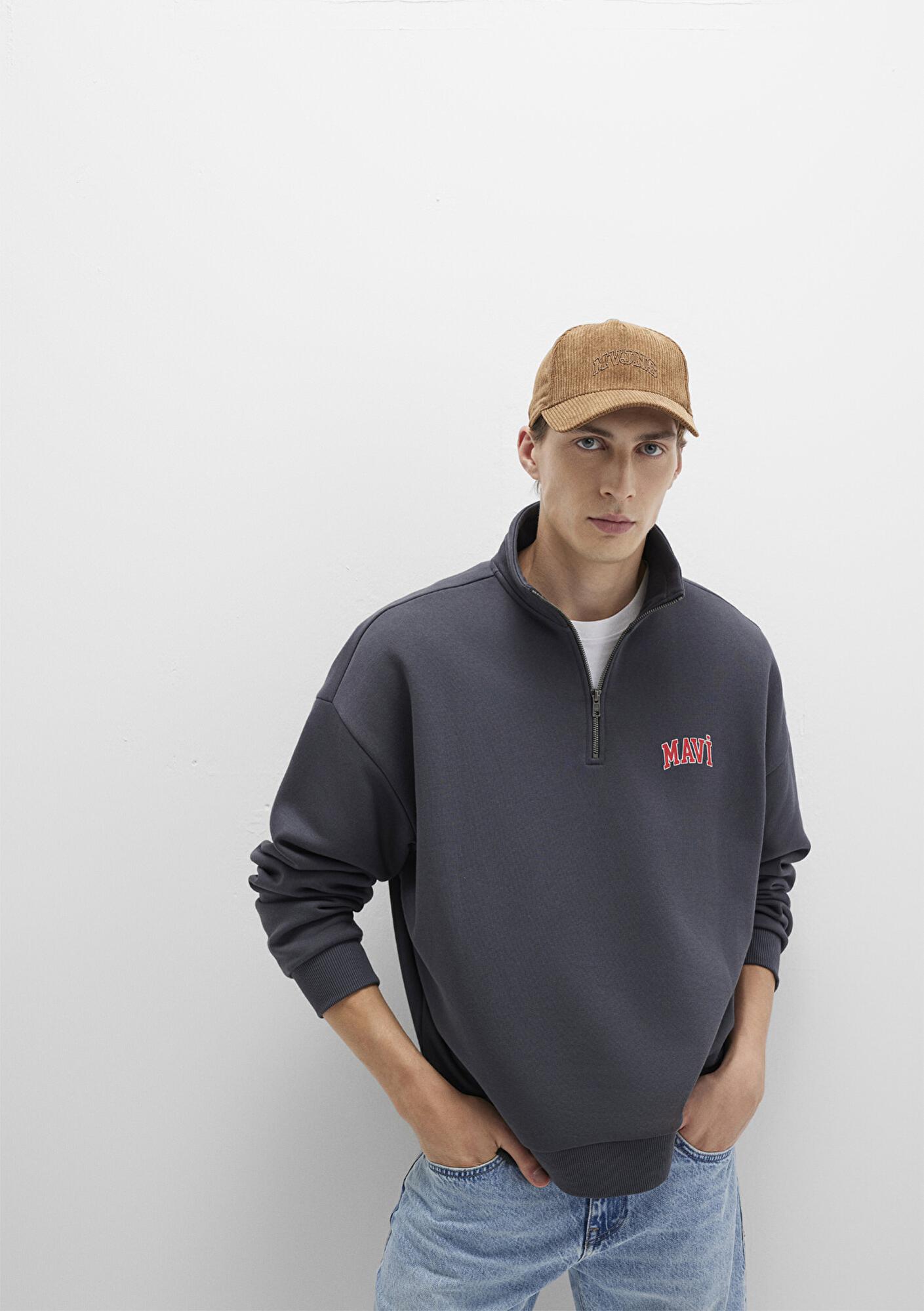 Mavi Mavi Logo Baskılı Yarı Fermuarlı Antrasit Sweatshirt 0S10208-80106