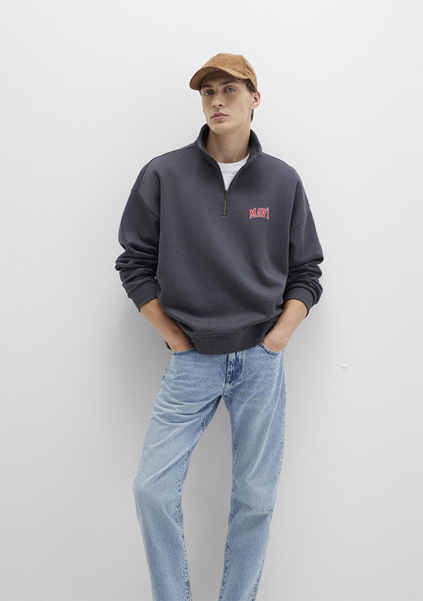 Mavi Mavi Logo Baskılı Yarı Fermuarlı Antrasit Sweatshirt 0S10208-80106