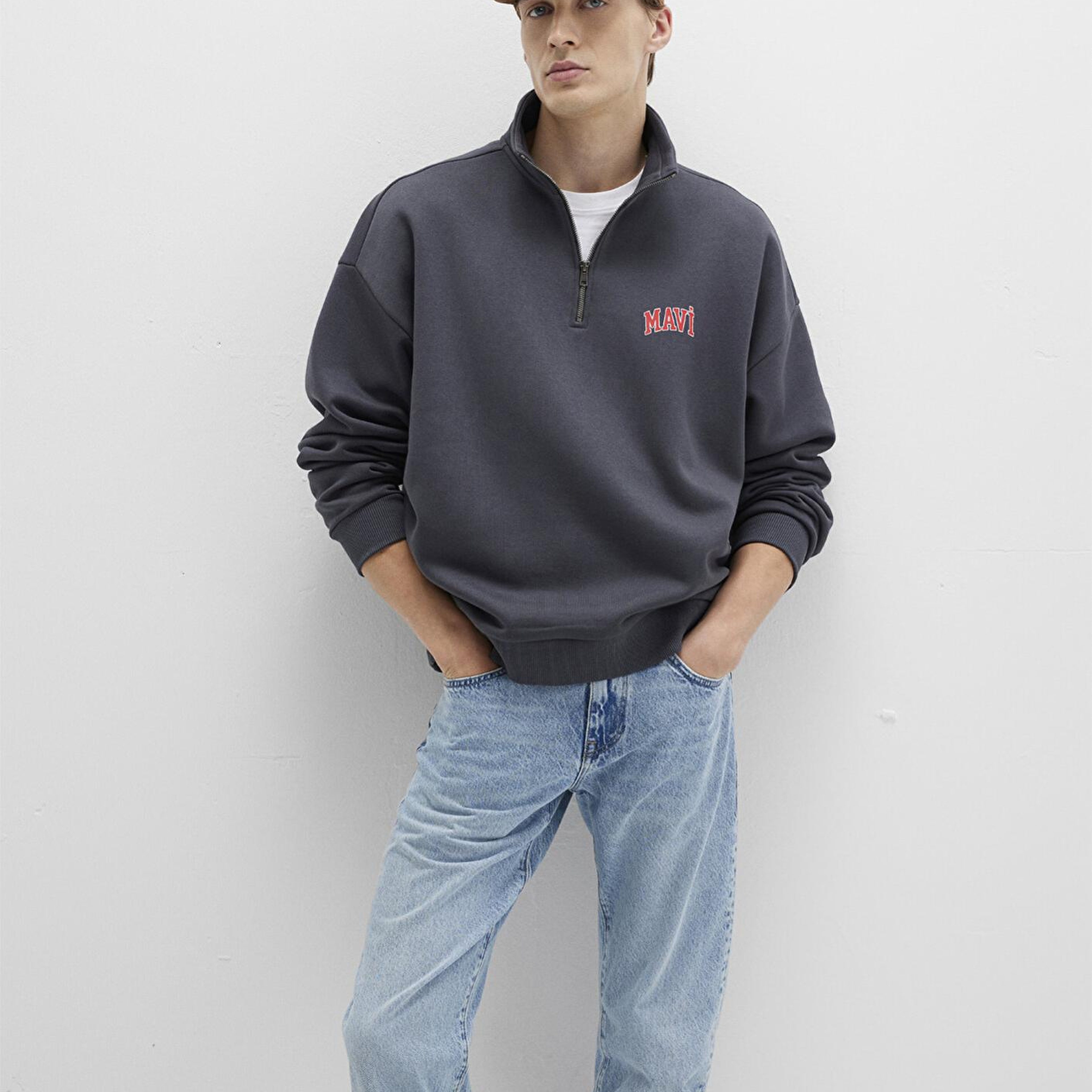 Mavi Mavi Logo Baskılı Yarı Fermuarlı Antrasit Sweatshirt 0S10208-80106
