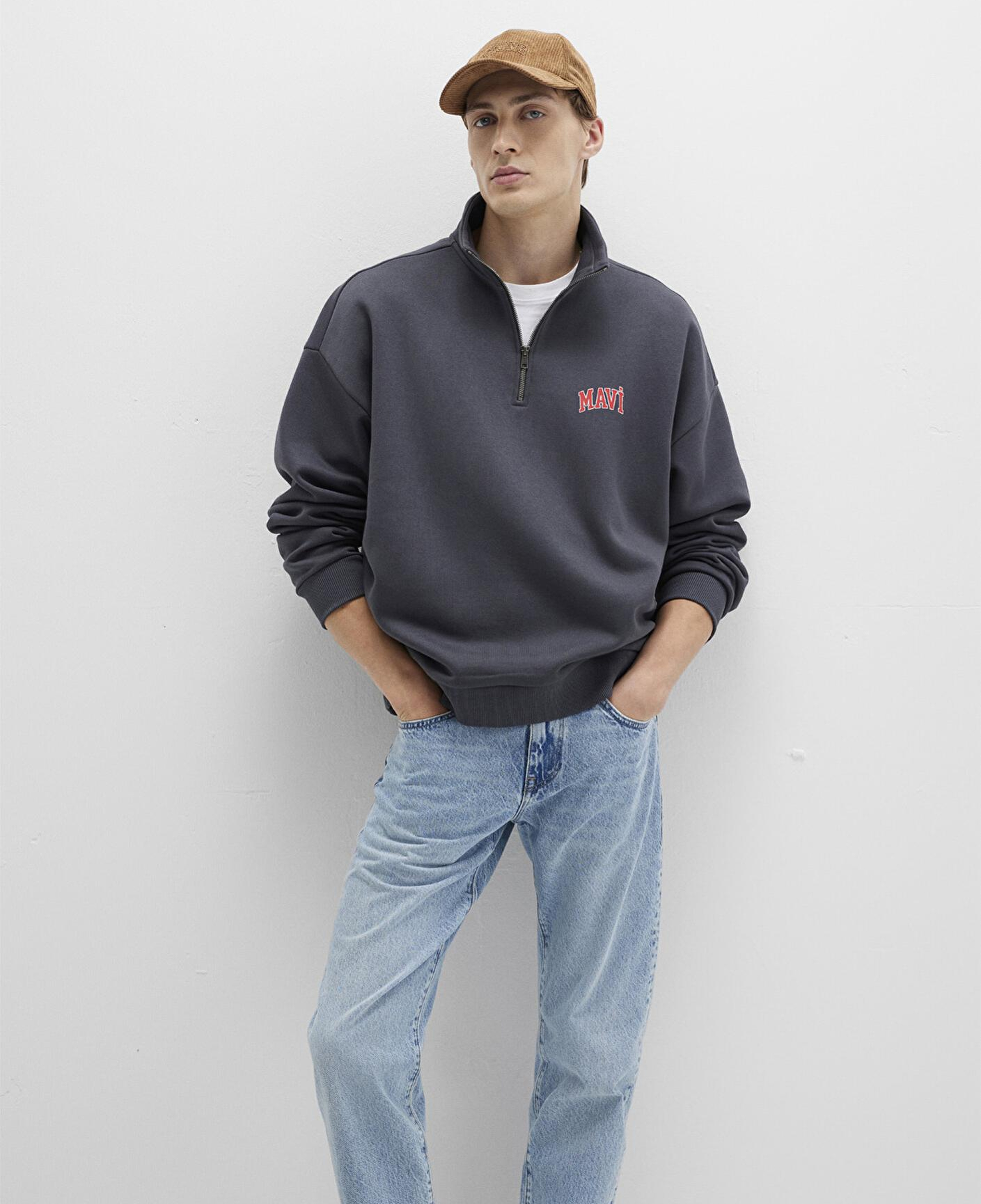 Mavi Mavi Logo Baskılı Yarı Fermuarlı Antrasit Sweatshirt 0S10208-80106