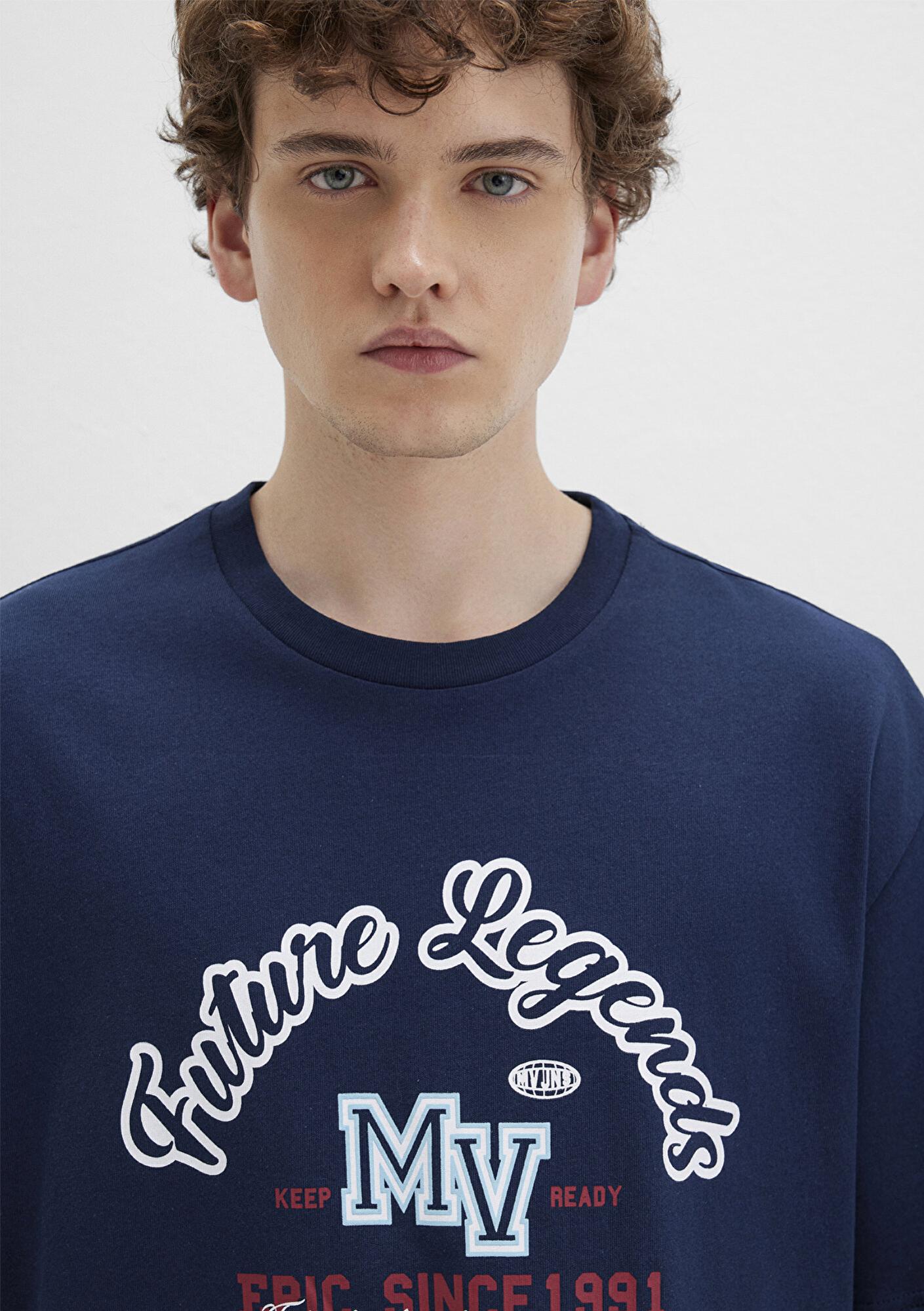 Mavi Baskılı Lacivert Tişört Loose Fit / Bol Rahat Kesim 0612850-89353