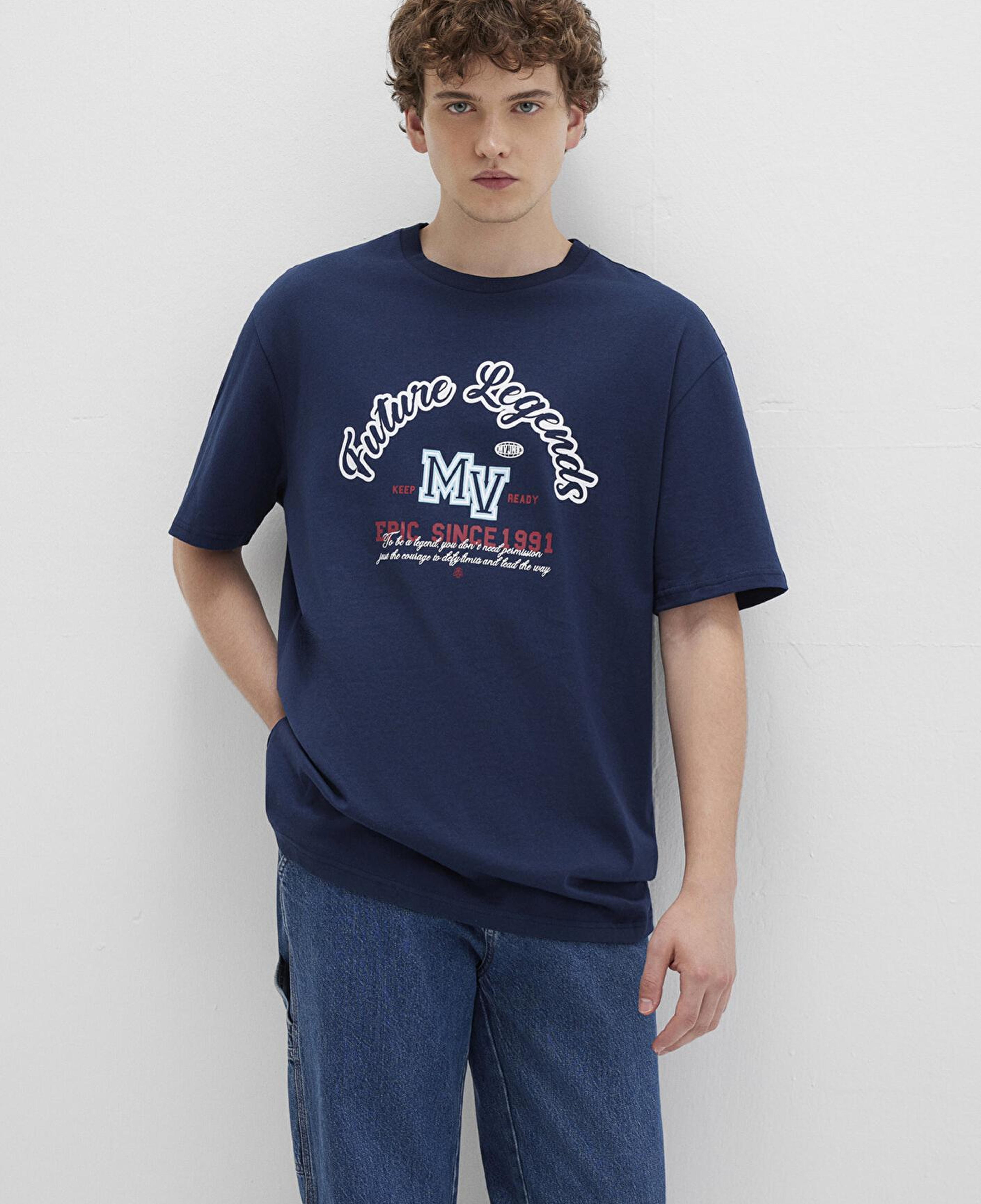 Mavi Baskılı Lacivert Tişört Loose Fit / Bol Rahat Kesim 0612850-89353