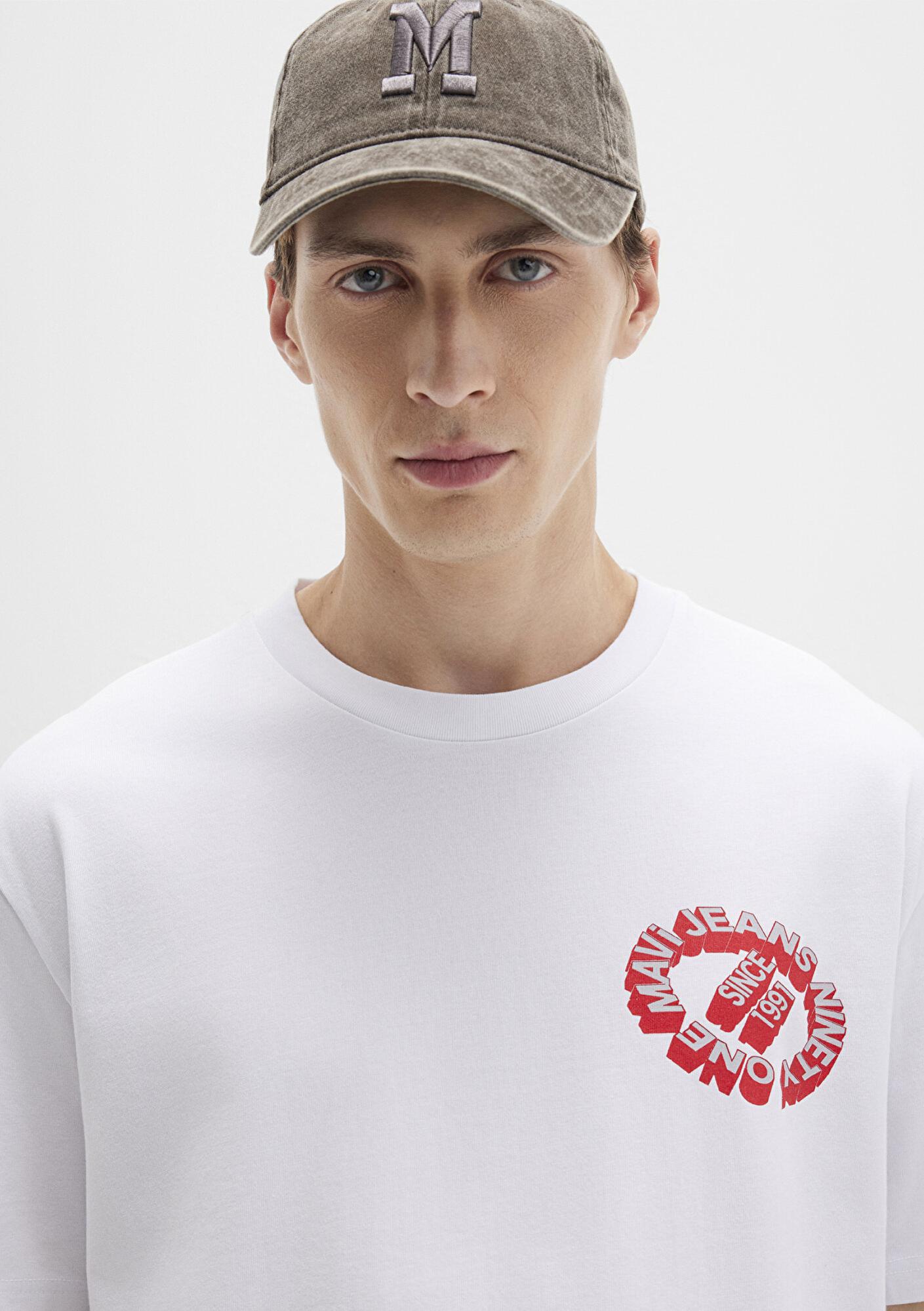 Mavi Mavi Jeans Baskılı Beyaz Tişört Loose Fit / Bol Rahat Kesim 0612898-620