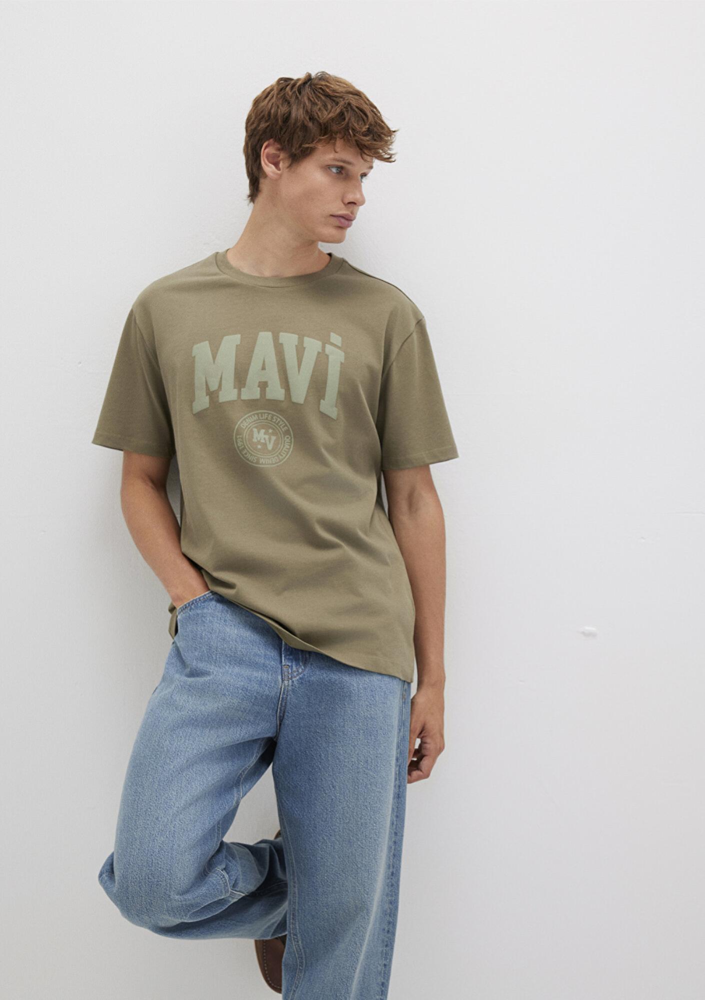 Mavi Mavi Logo Baskılı Haki Tişört Loose Fit / Bol Rahat Kesim 0612897-71816