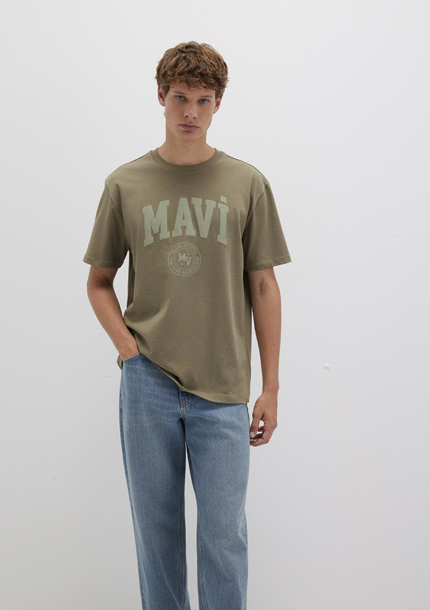 Mavi Mavi Logo Baskılı Haki Tişört Loose Fit / Bol Rahat Kesim 0612897-71816