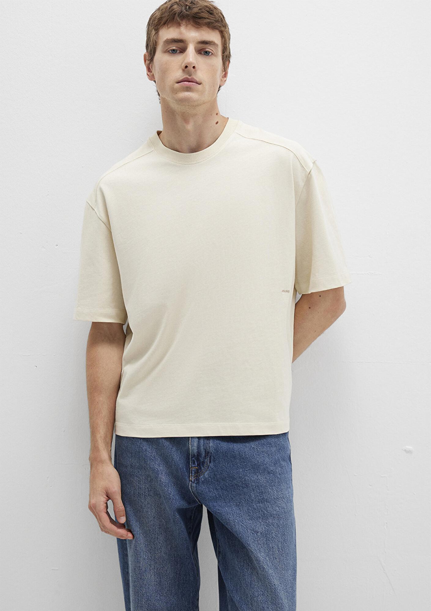 Mavi Bisiklet Yaka MVJNS Nakışlı Ekru Basic Tişört Boxy Fit 0612909-70065