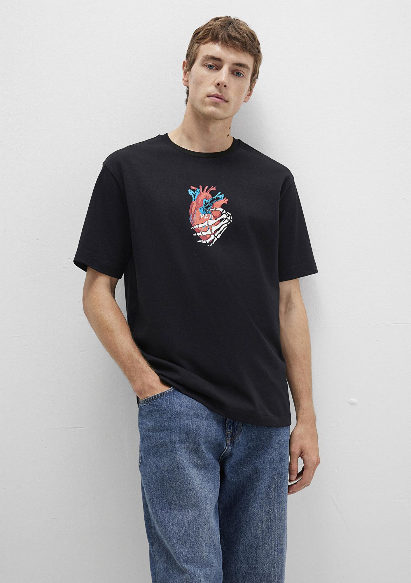 Mavi Sırt Baskılı Siyah Tişört Loose Fit / Bol Rahat Kesim 0612931-900