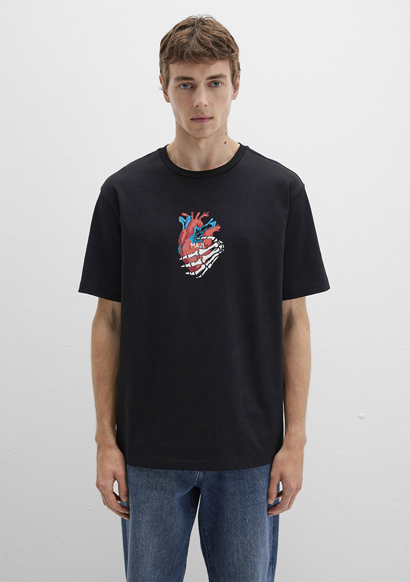 Mavi Sırt Baskılı Siyah Tişört Loose Fit / Bol Rahat Kesim 0612931-900