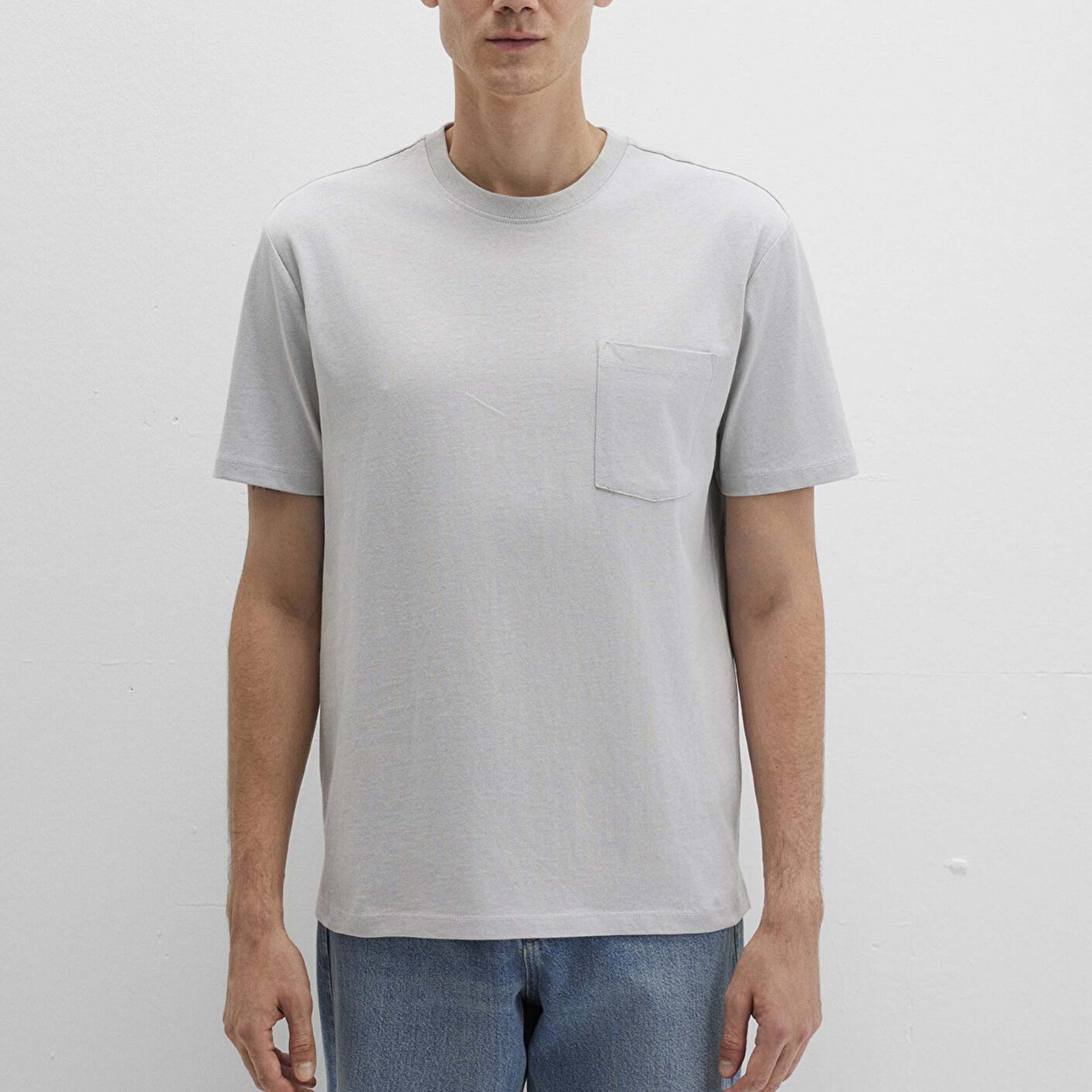 Mavi Cep Detaylı Gri Basic Tişört Loose Fit / Bol Rahat Kesim 066248-70075