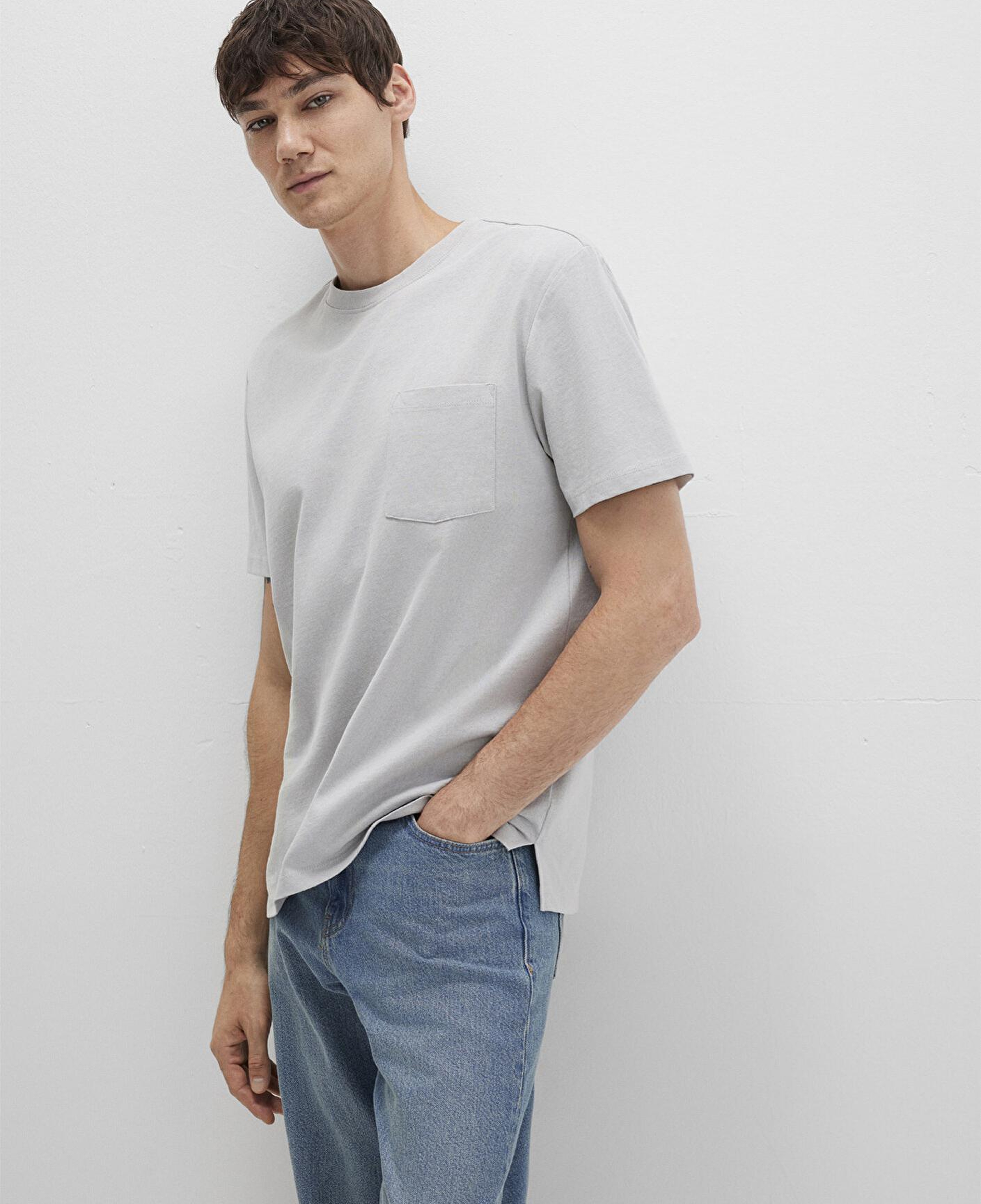 Mavi Cep Detaylı Gri Basic Tişört Loose Fit / Bol Rahat Kesim 066248-70075