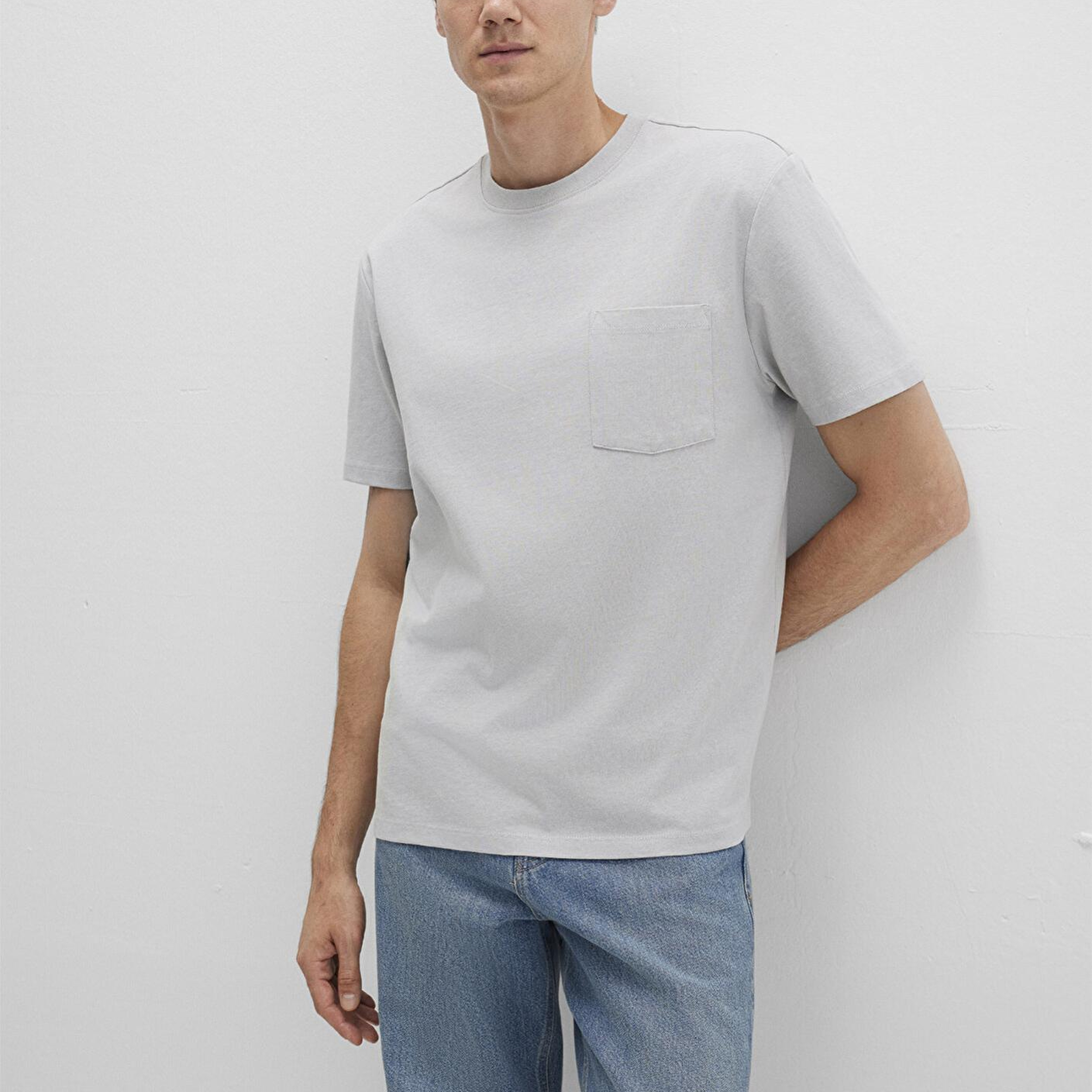 Mavi Cep Detaylı Gri Basic Tişört Loose Fit / Bol Rahat Kesim 066248-70075