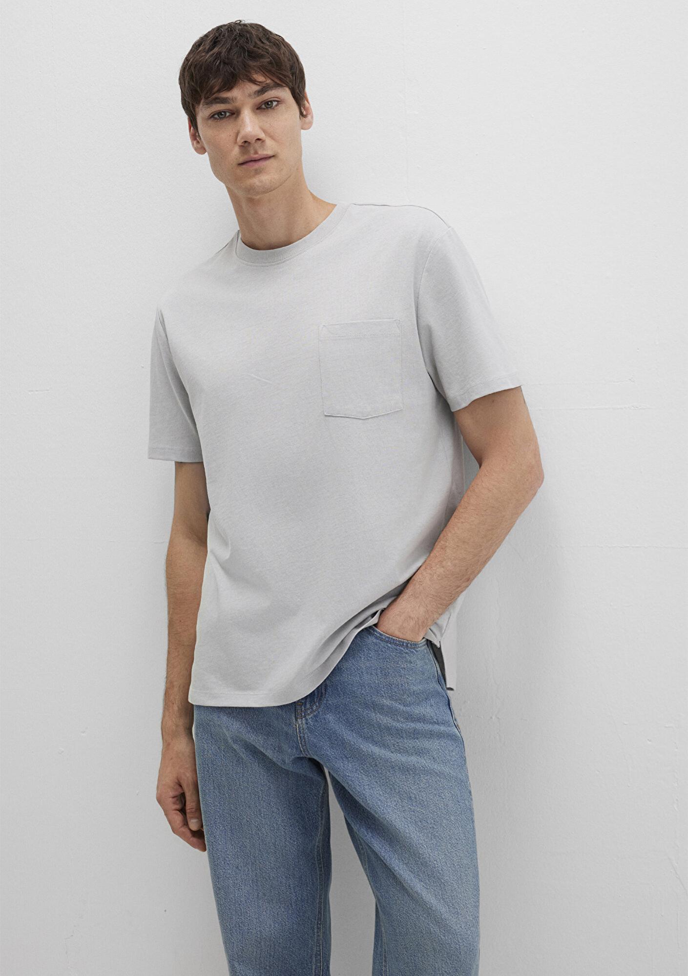 Mavi Cep Detaylı Gri Basic Tişört Loose Fit / Bol Rahat Kesim 066248-70075