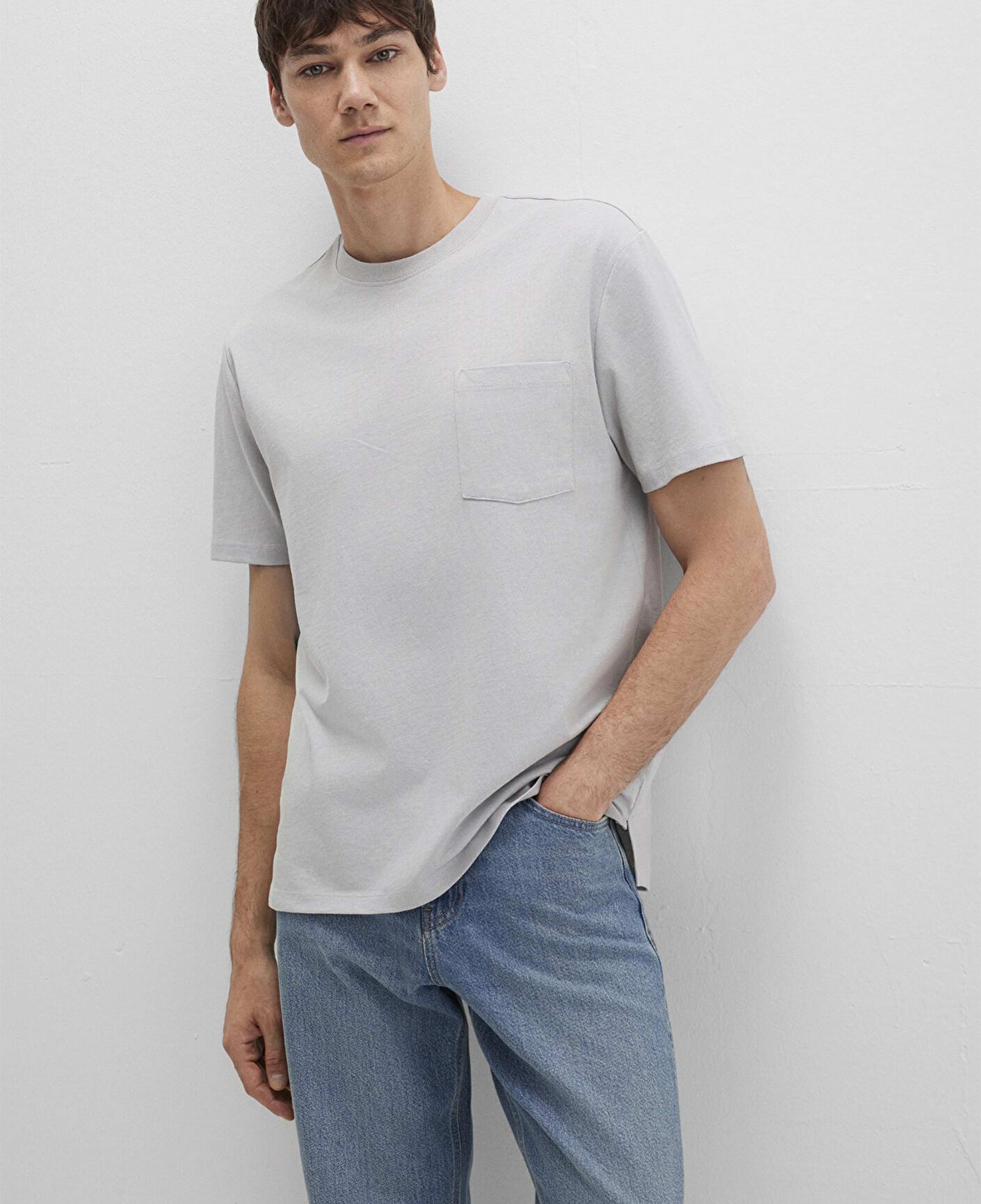 Mavi Cep Detaylı Gri Basic Tişört Loose Fit / Bol Rahat Kesim 066248-70075
