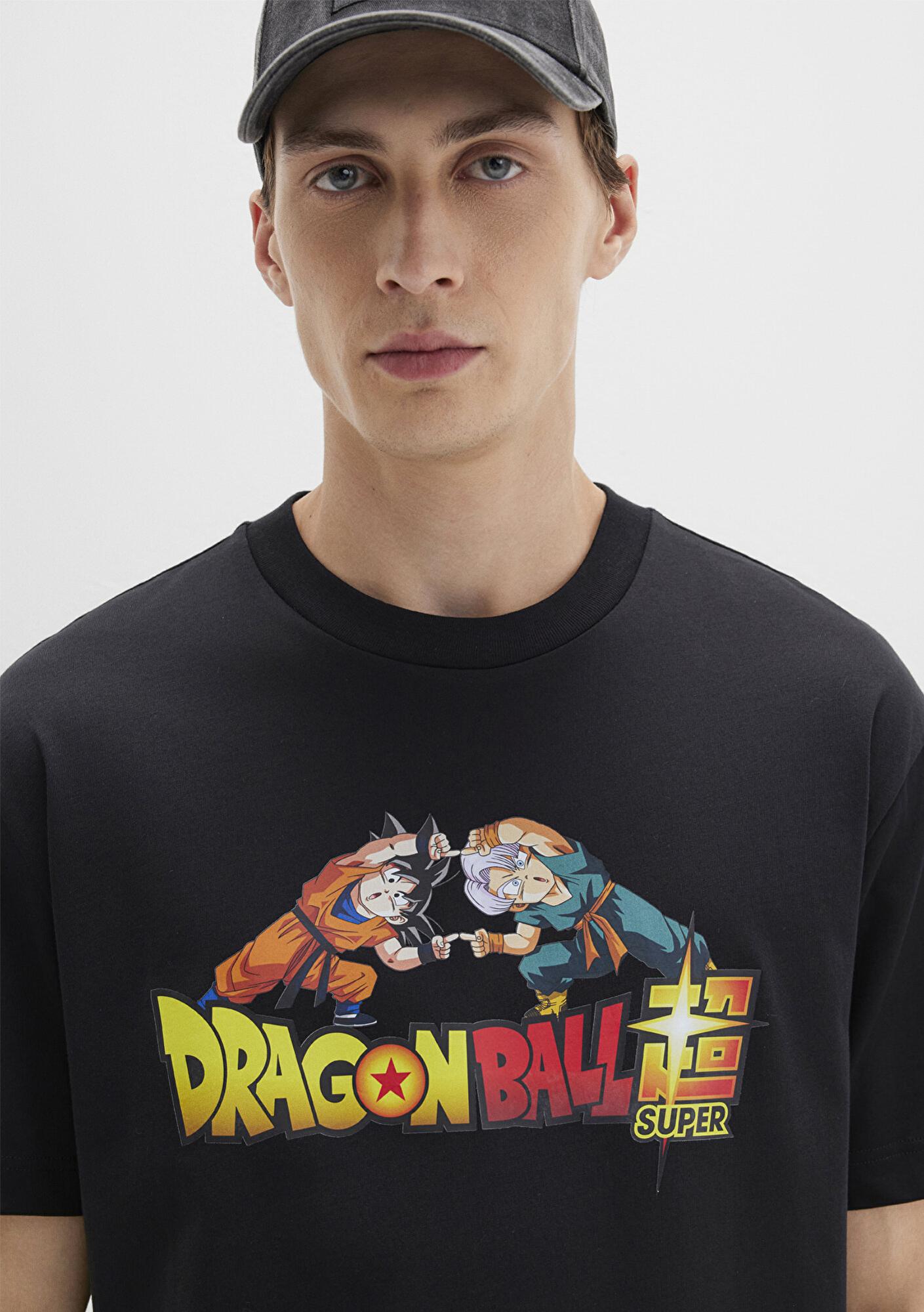 Mavi Dragon Ball Baskılı Siyah Tişört Loose Fit / Bol Rahat Kesim 0612932-900
