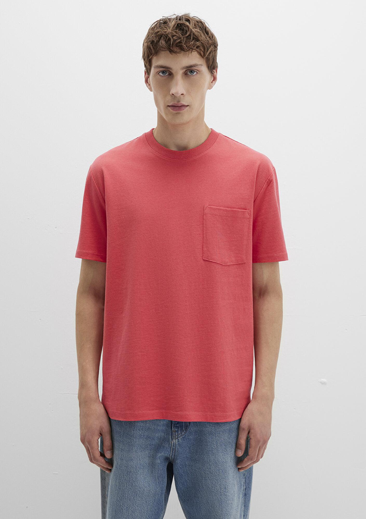 Mavi Cep Detaylı Pembe Basic Tişört Loose Fit / Bol Rahat Kesim 066248-71079