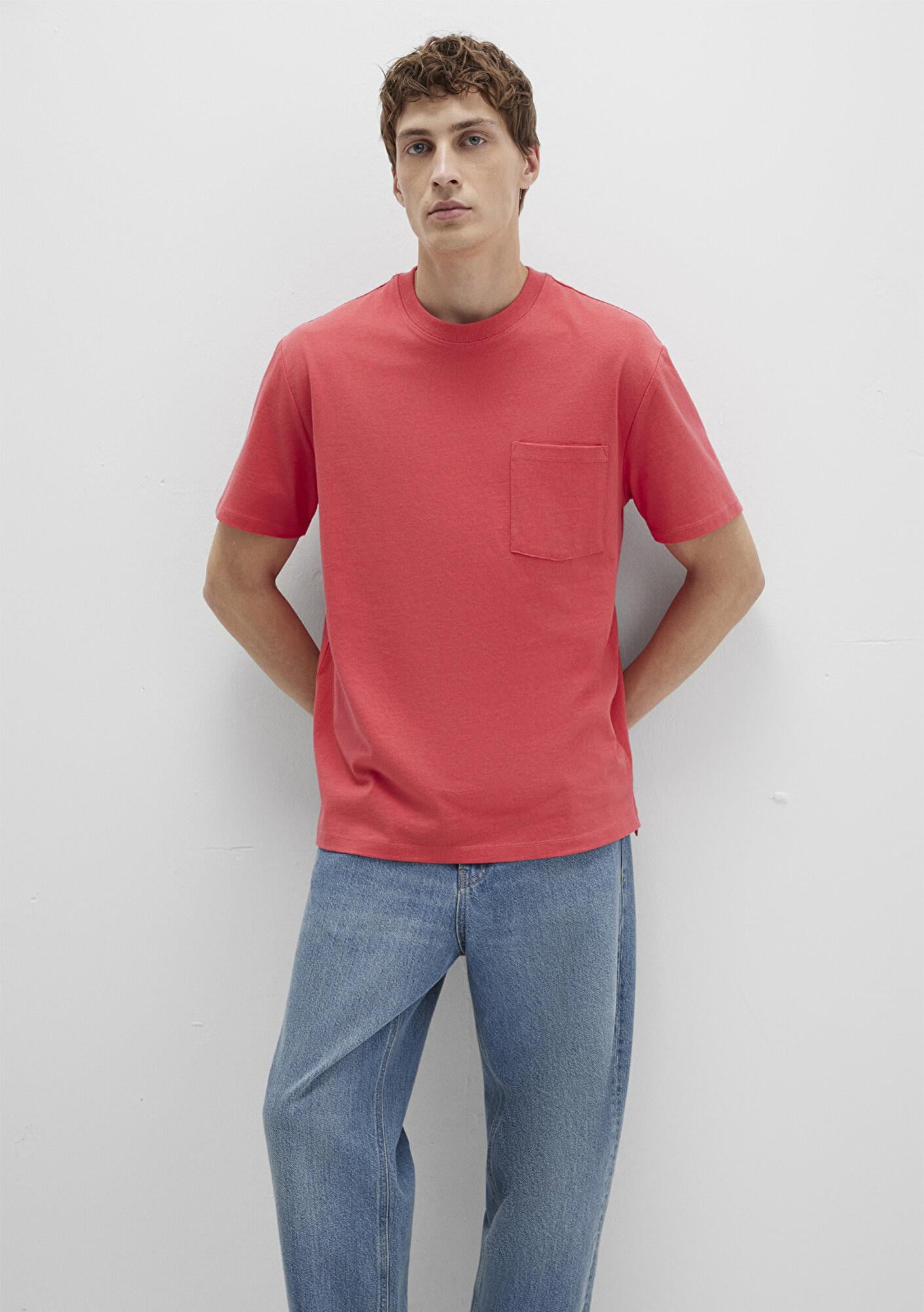 Mavi Cep Detaylı Pembe Basic Tişört Loose Fit / Bol Rahat Kesim 066248-71079